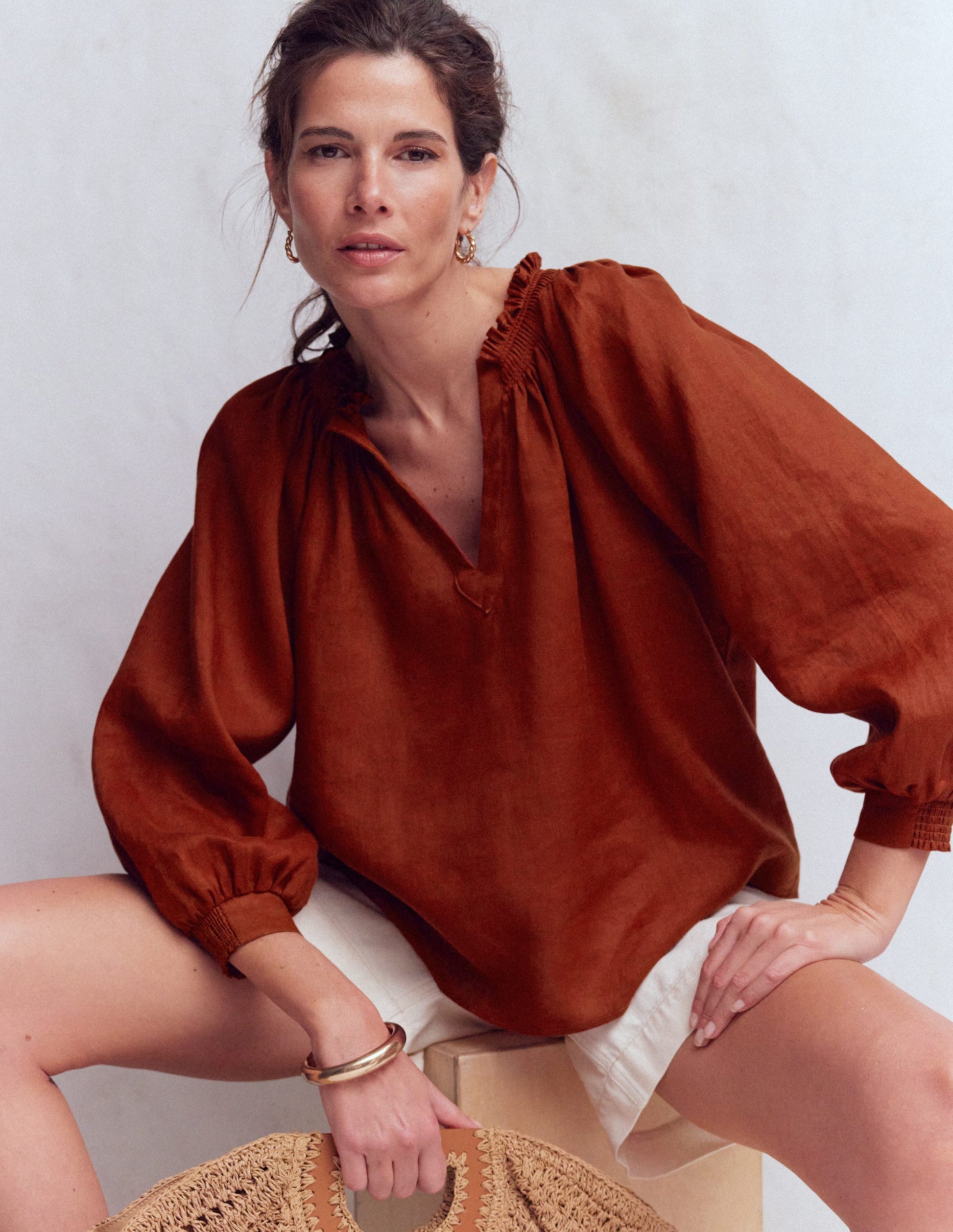 Serena Pleat Neck Linen Top-Burnt Henna-4