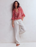 Serena Pleat Neck Linen Top-Red, Enchanted Paisley