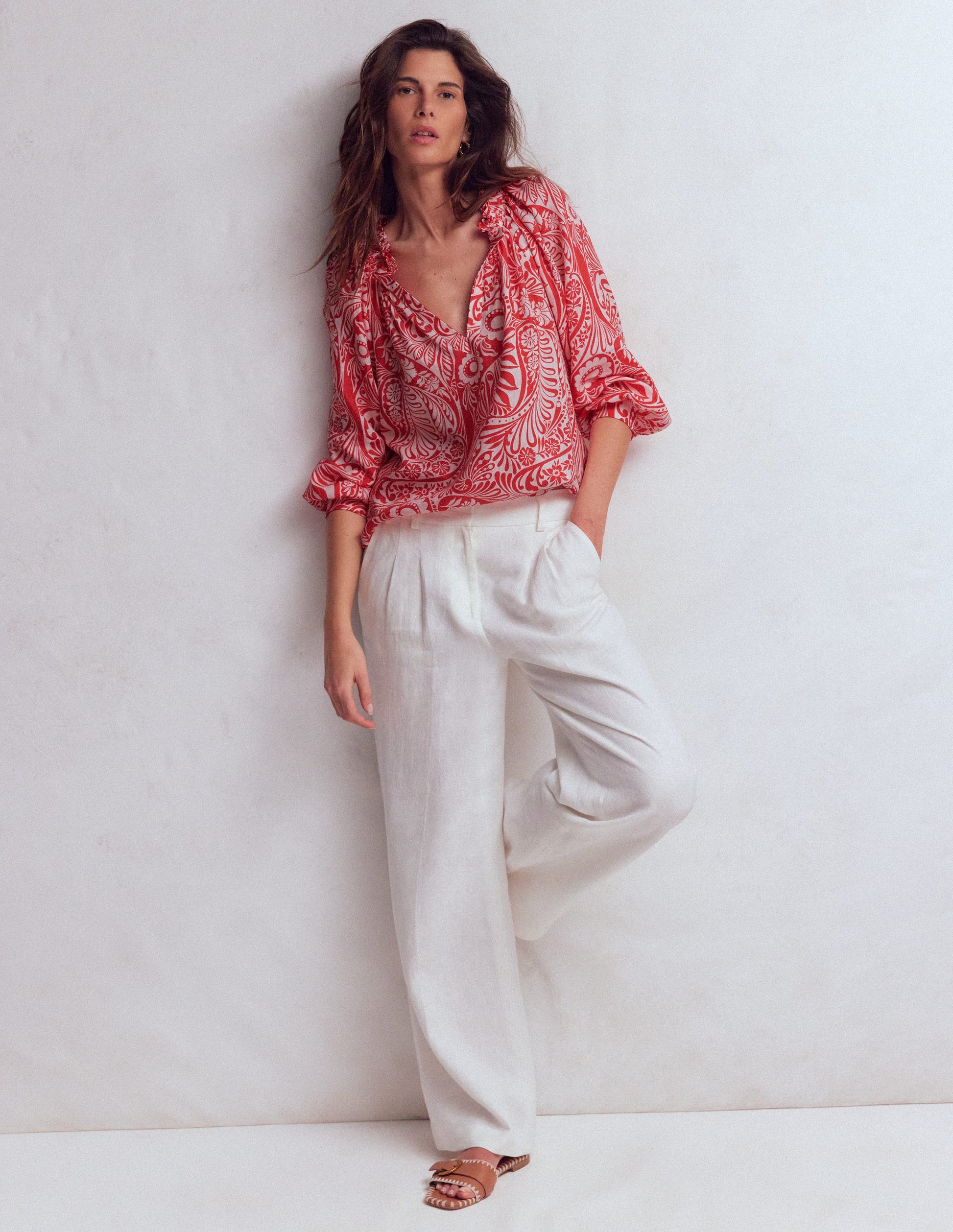 Serena Pleat Neck Linen Top-Red, Enchanted Paisley-1