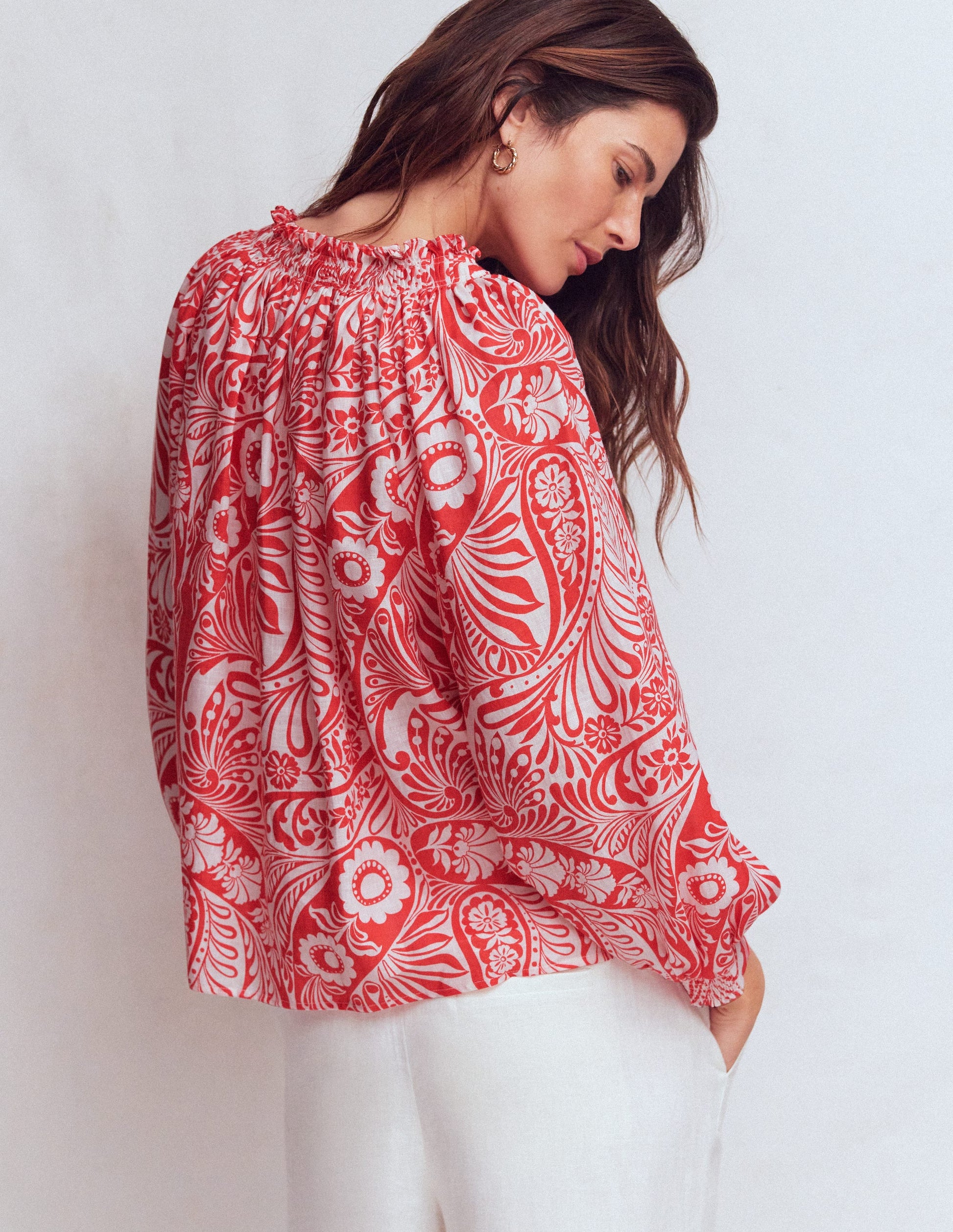 Serena Pleat Neck Linen Top-Red, Enchanted Paisley-3