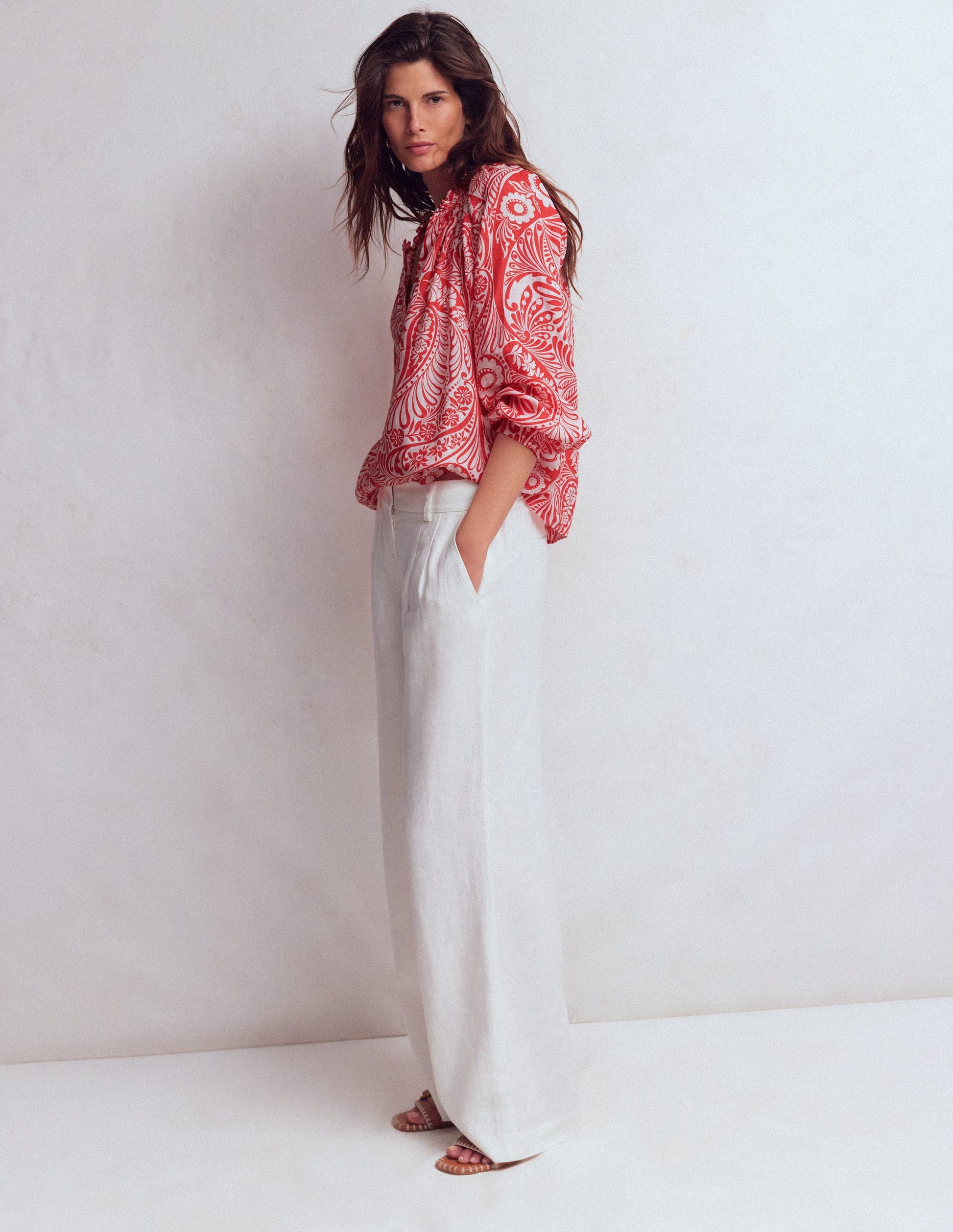 Serena Pleat Neck Linen Top-Red, Enchanted Paisley-4