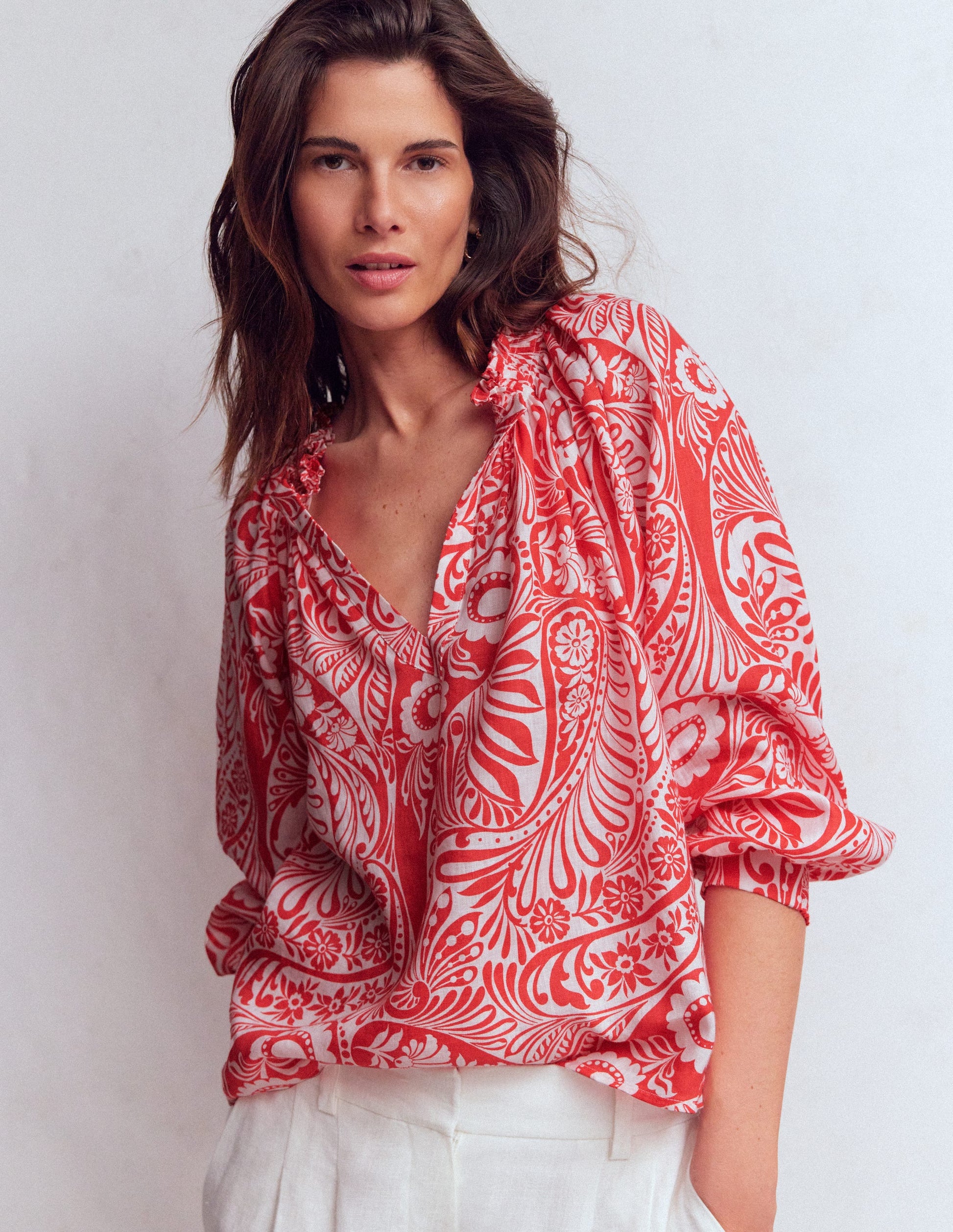 Serena Pleat Neck Linen Top-Red, Enchanted Paisley-5