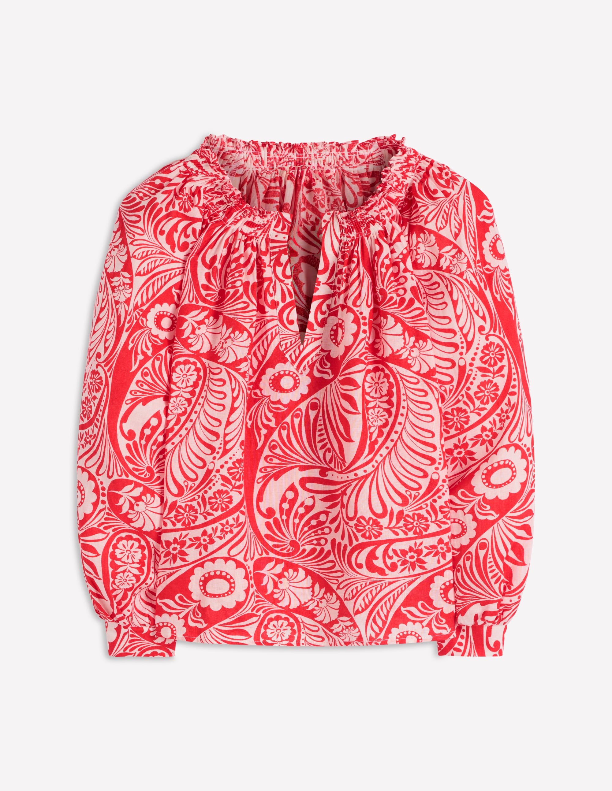 Serena Pleat Neck Linen Top-Red, Enchanted Paisley - Image 6
