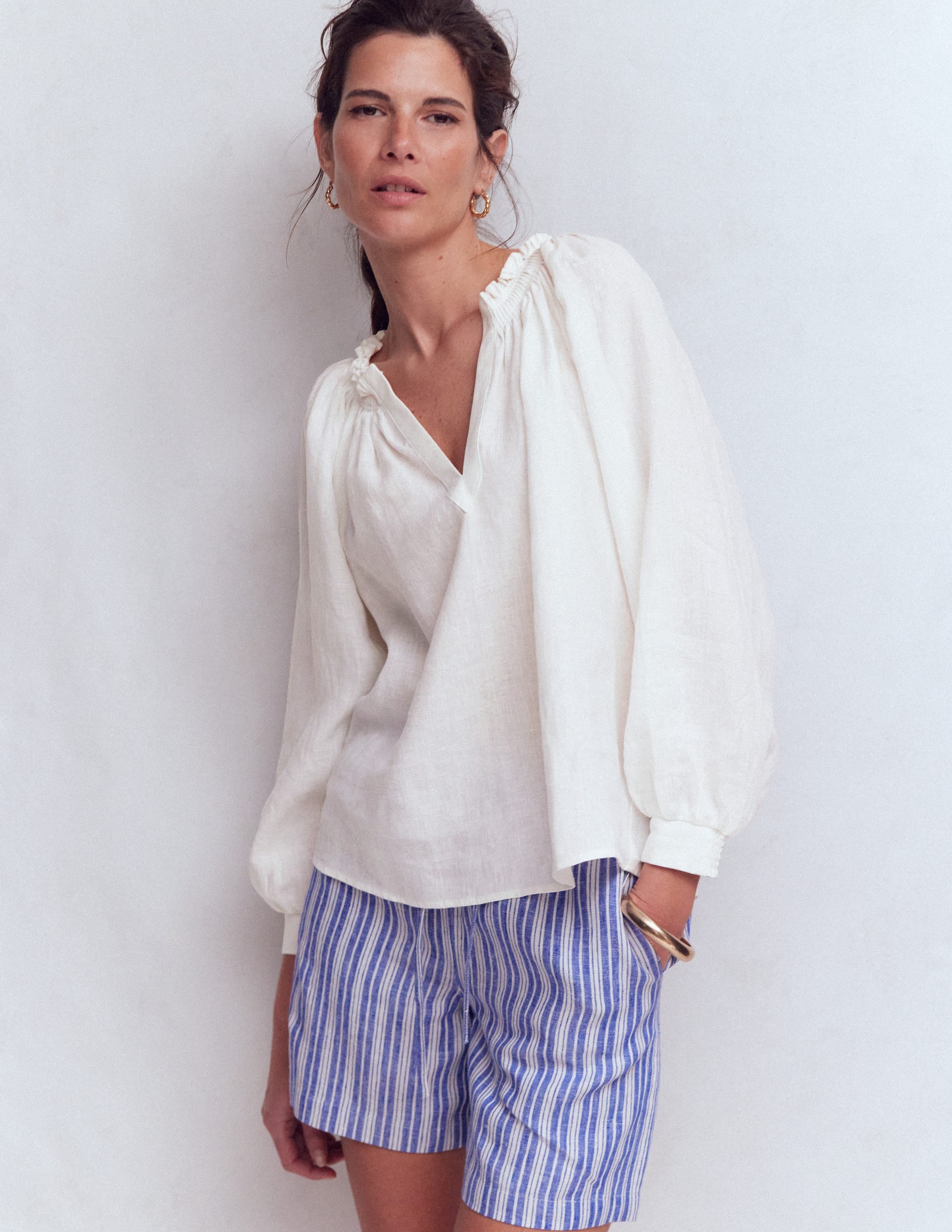 Serena Pleat Neck Linen Top-White - Image 1