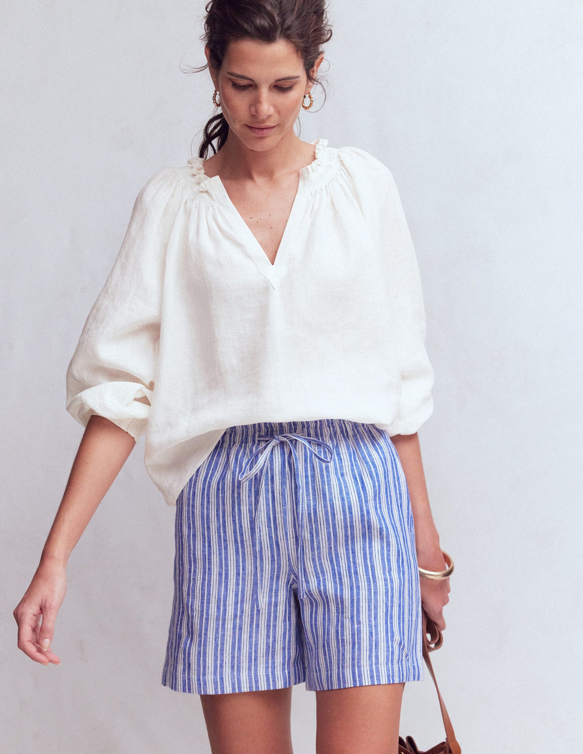 Serena Pleat Neck Linen Top-White-4