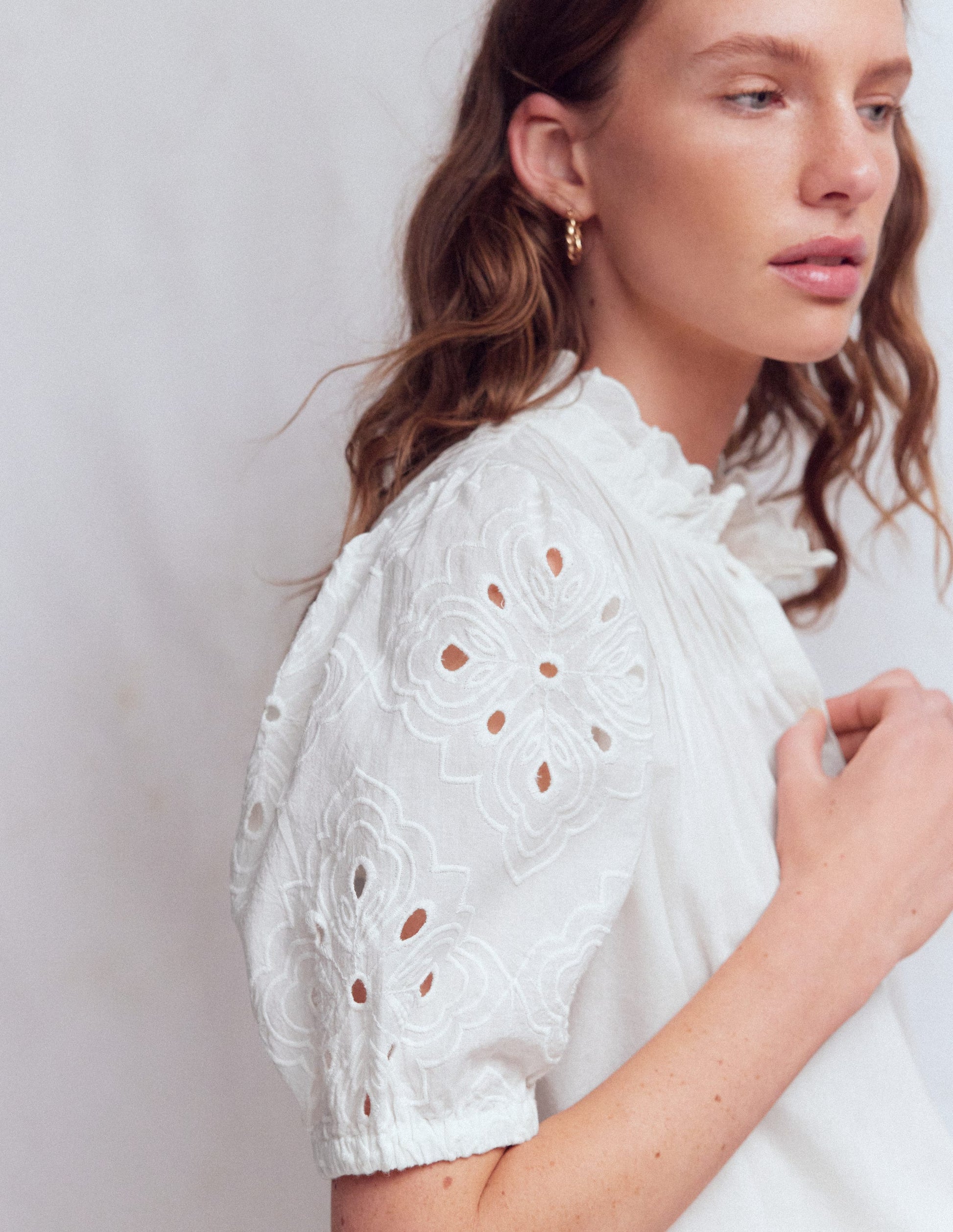 Cutwork Puff Sleeve Top-White-2