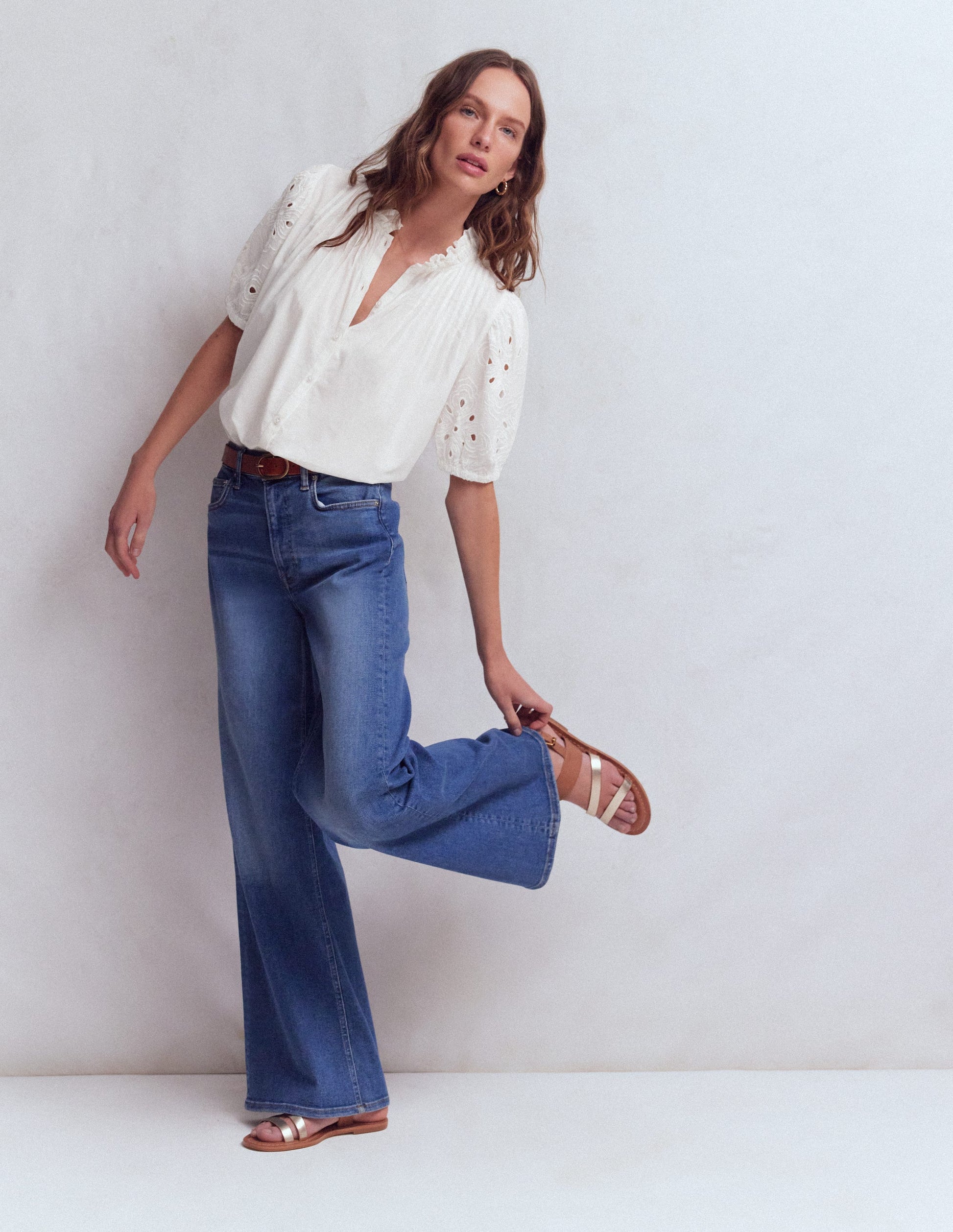 Cutwork Puff Sleeve Top-White-3