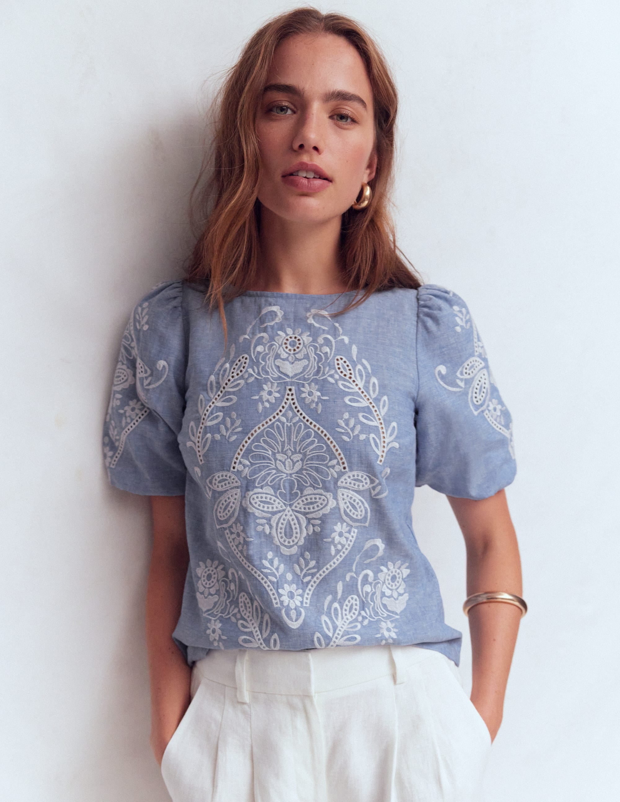 Linen Puff Sleeve Top-Chambray - Image 1