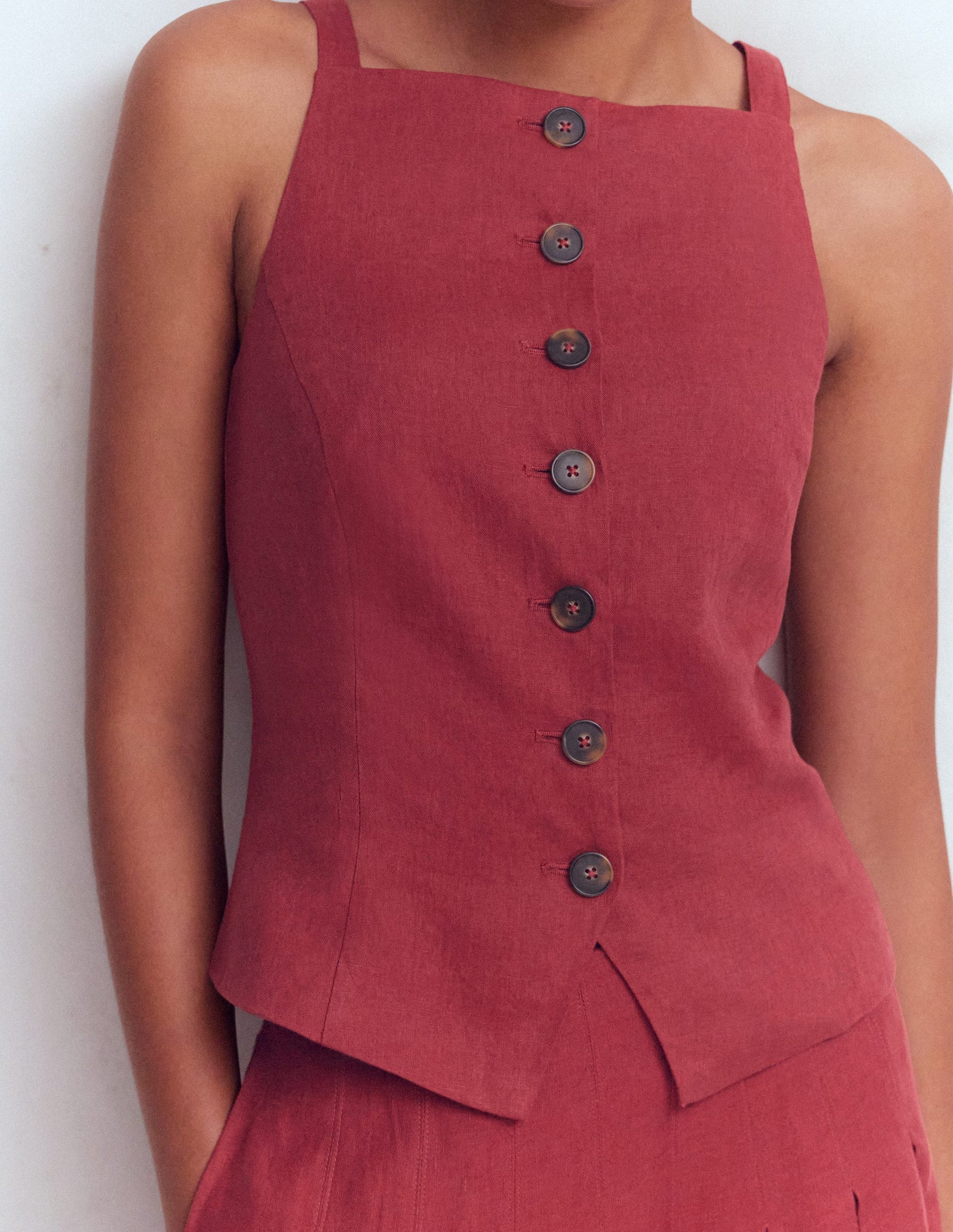 Square Neck Linen Waistcoat-Rich Chestnut-2