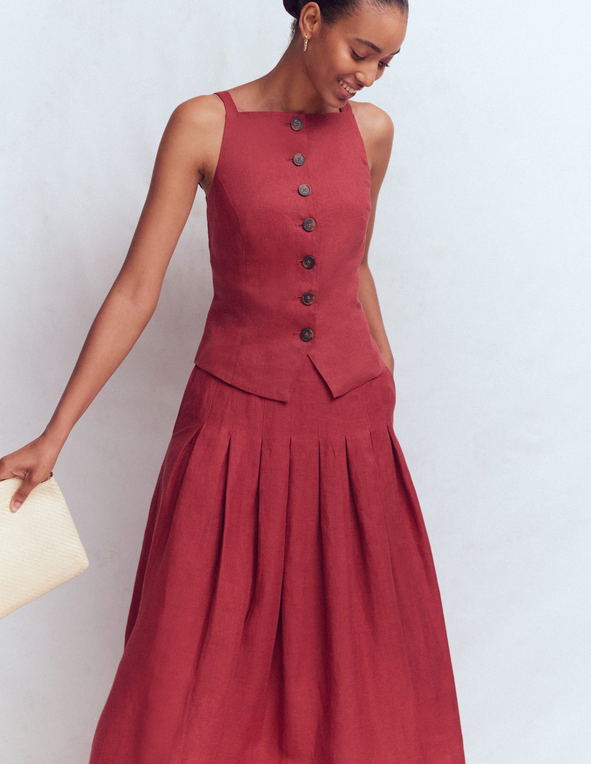 Square Neck Linen Waistcoat-Rich Chestnut-5