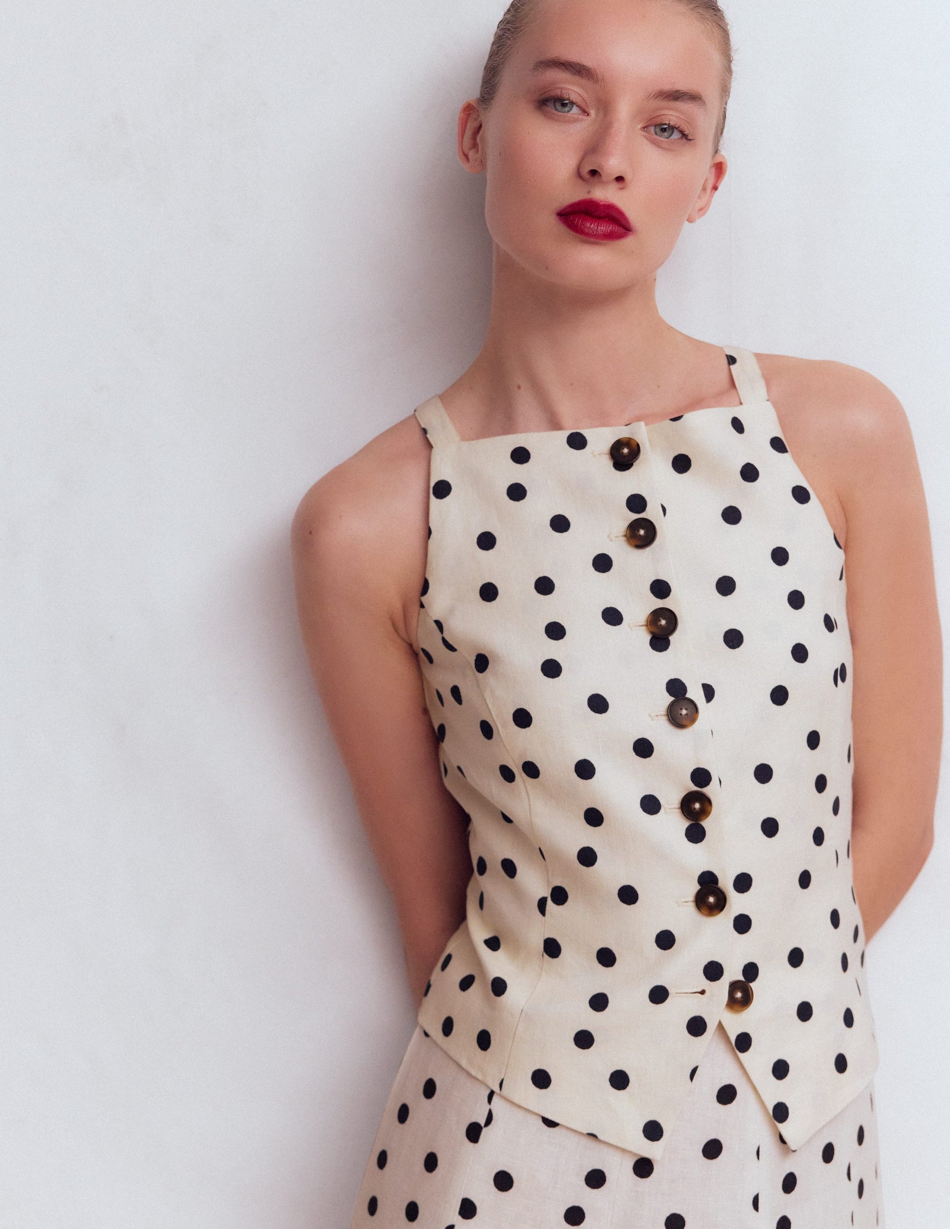 Square Neck Linen Waistcoat-Ivory, Painted Dot Spaced-1