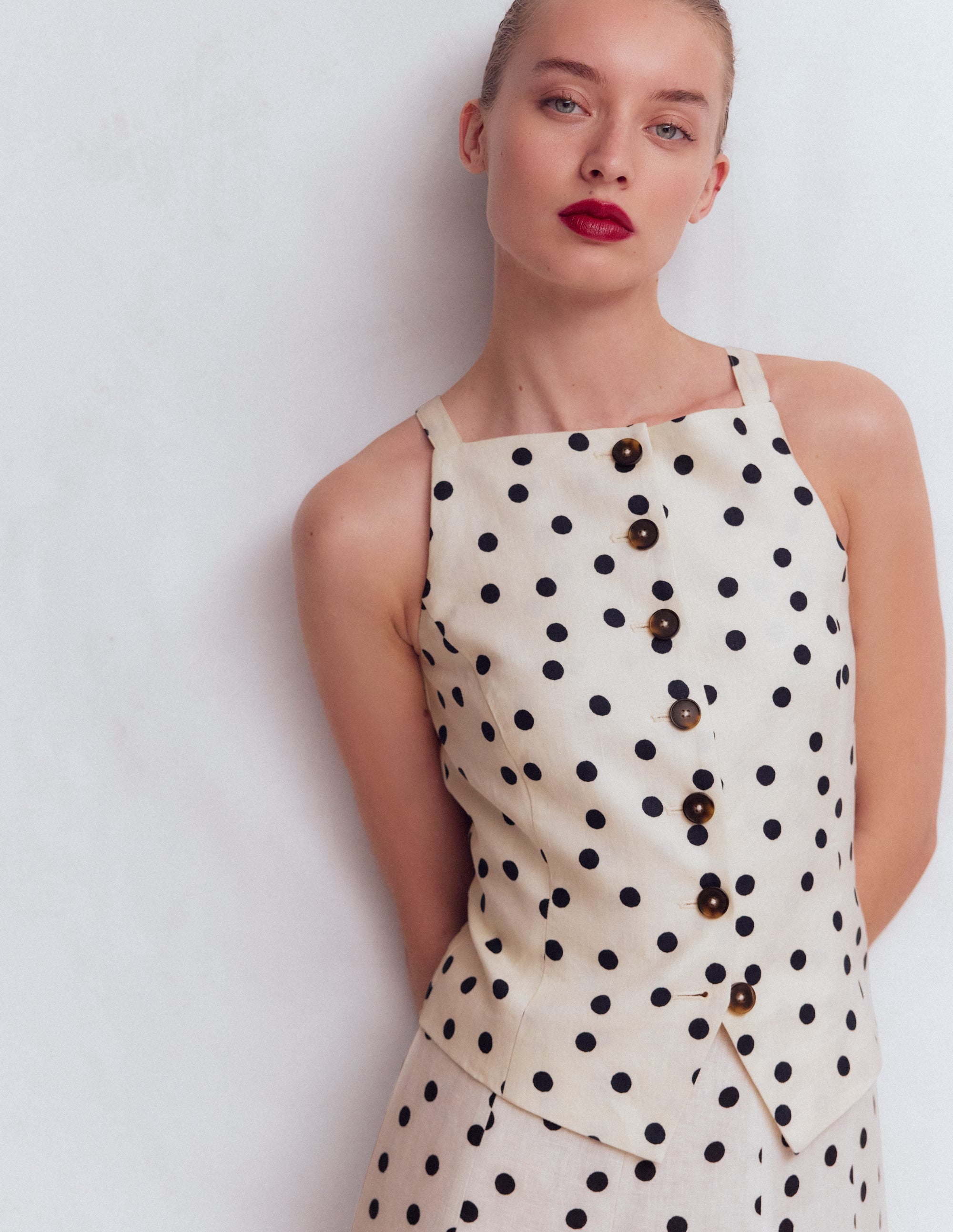 Square Neck Linen Waistcoat-Ivory, Painted Dot Spaced - Image 1