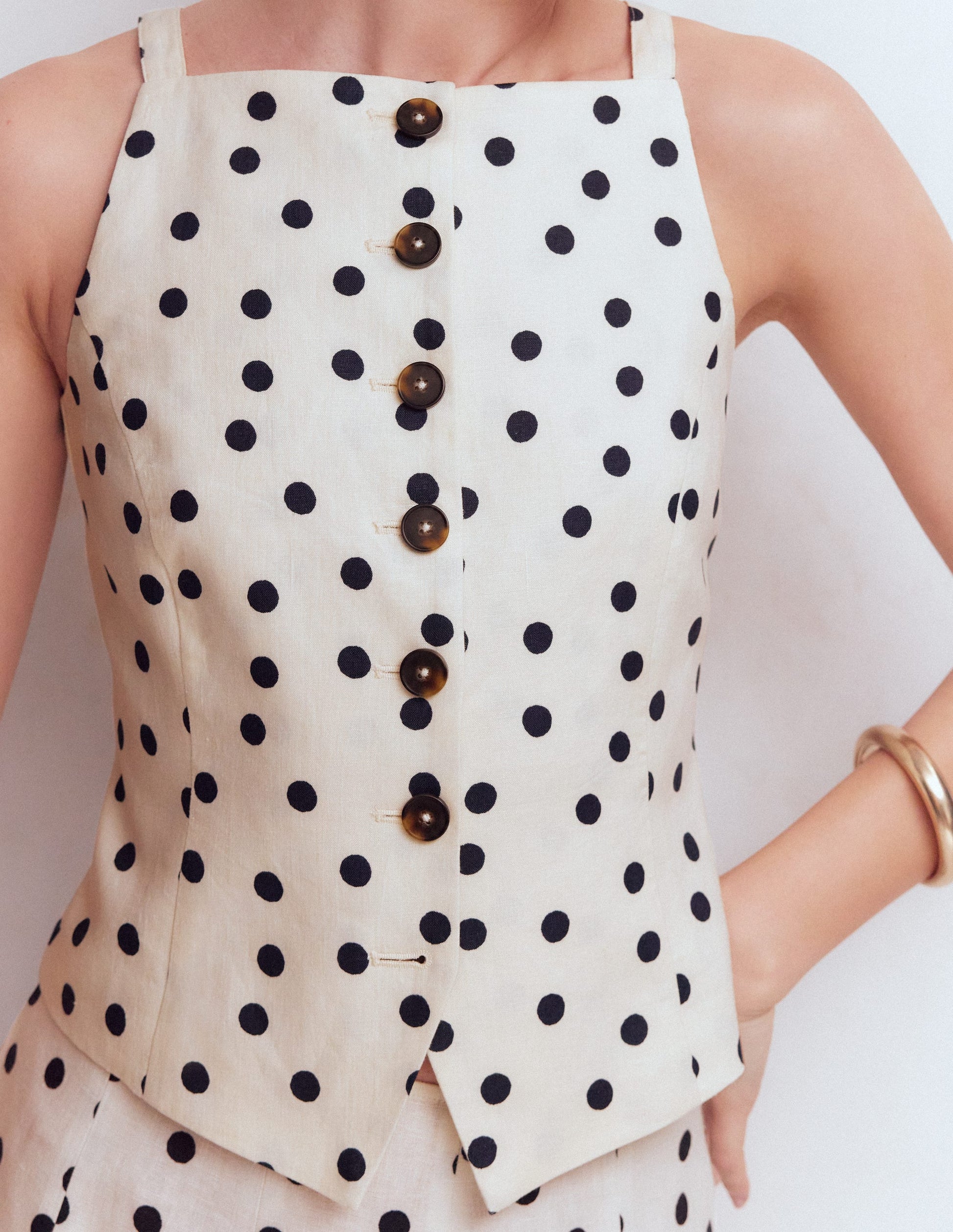 Square Neck Linen Waistcoat-Ivory, Painted Dot Spaced-2
