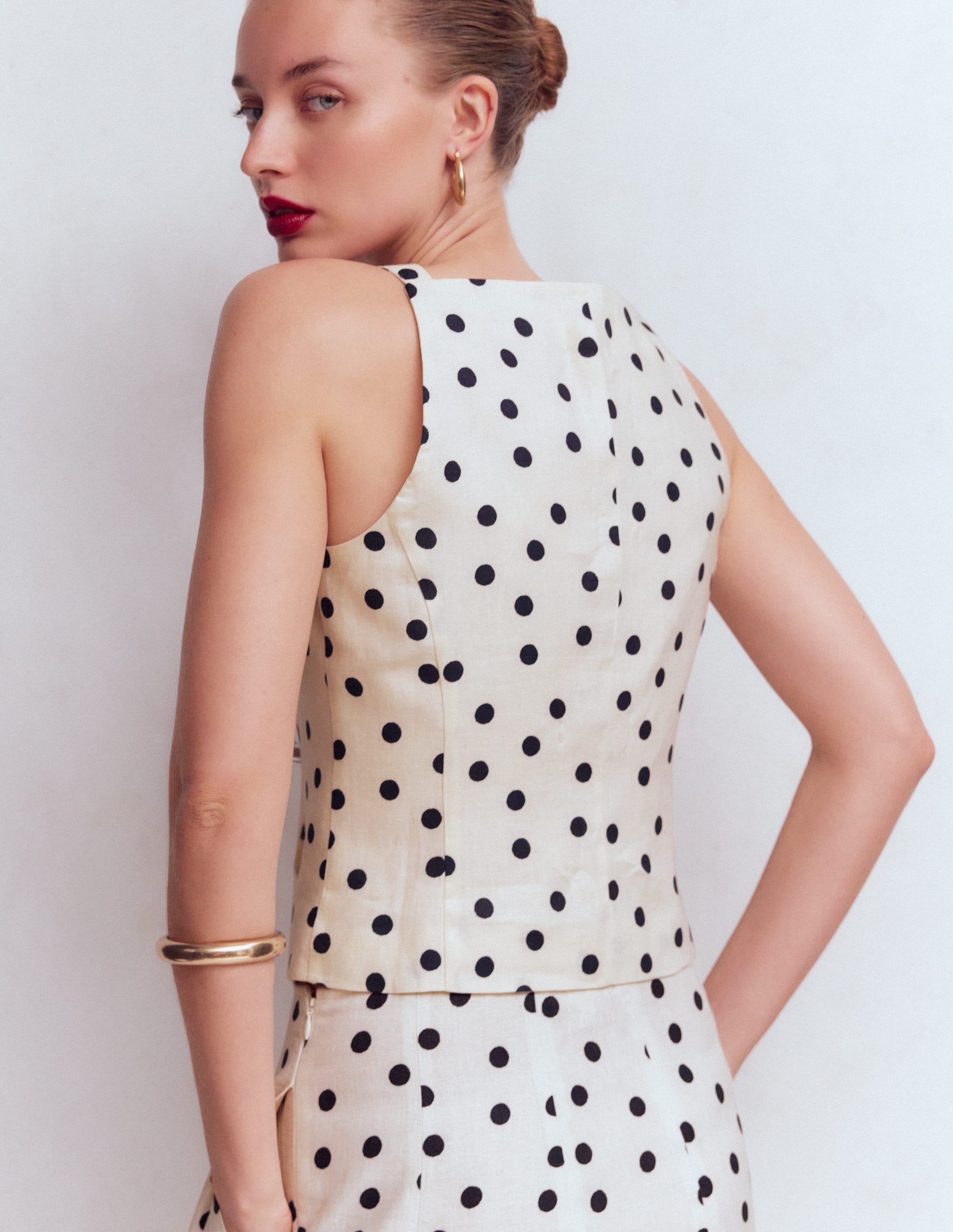 Square Neck Linen Waistcoat-Ivory, Painted Dot Spaced - Image 3