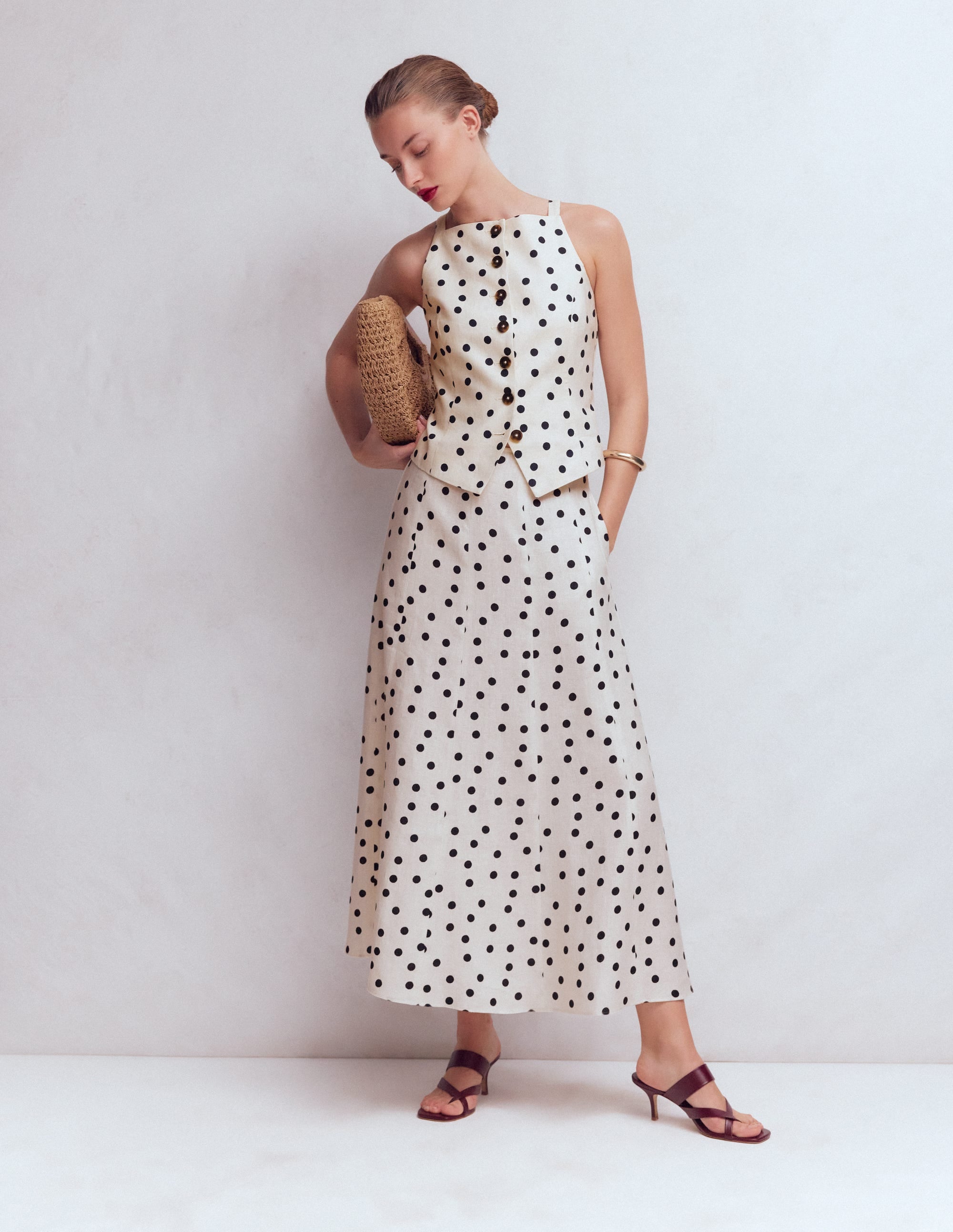 Square Neck Linen Waistcoat-Ivory, Painted Dot Spaced - Image 4