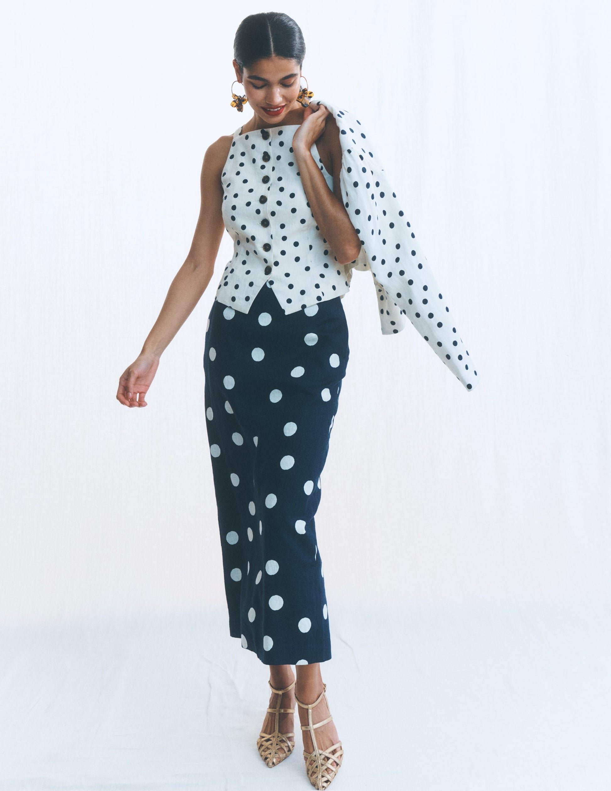Square Neck Linen Waistcoat-Ivory, Painted Dot Spaced-7