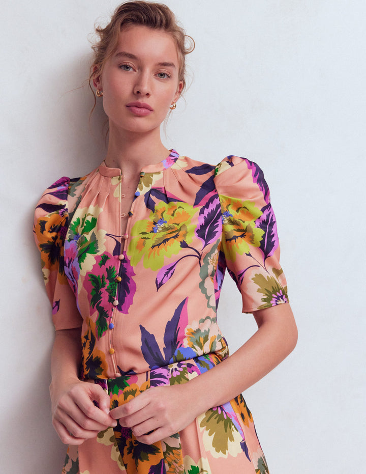 Pleated Mutton Sleeve Top-Multi, Opulent Blossom