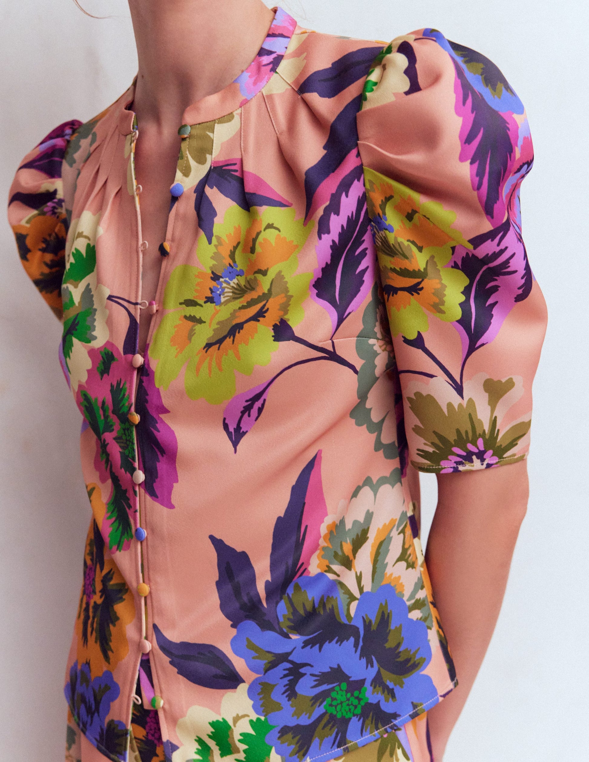 Pleated Mutton Sleeve Top-Multi, Opulent Blossom-3