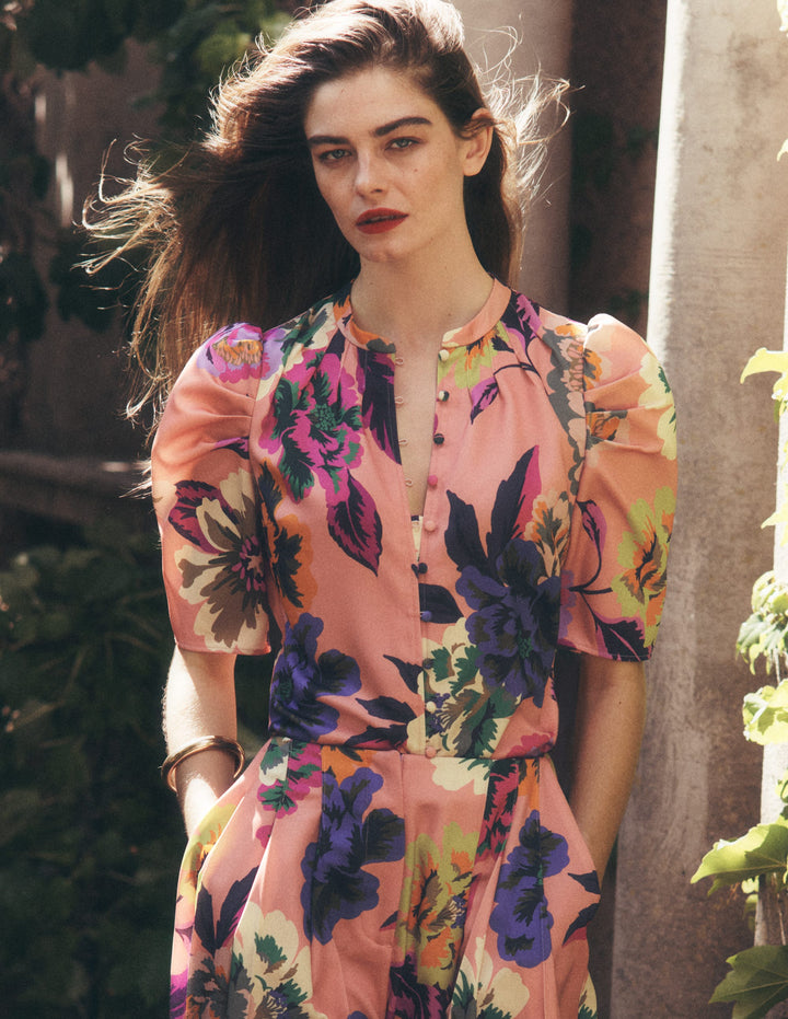 Pleated Mutton Sleeve Top-Pink Floral