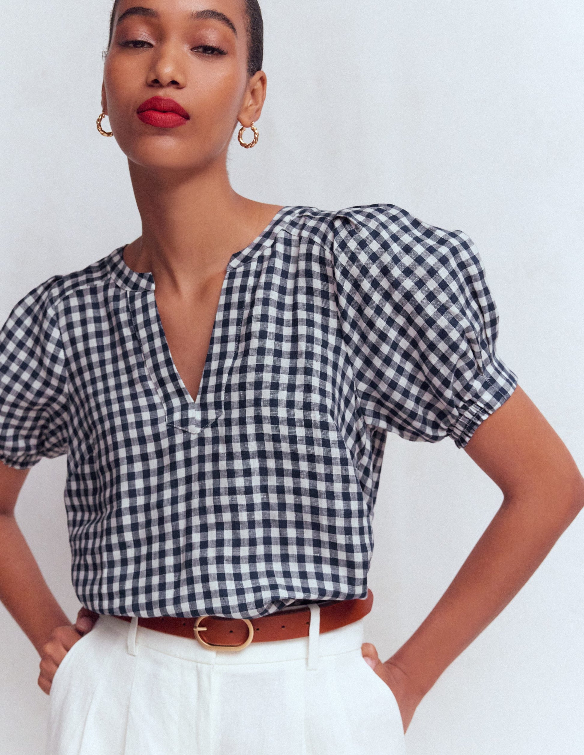 Rae Linen Top-Small Navy Gingham-4