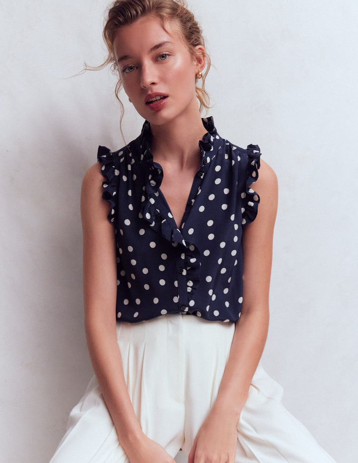 Isabel Sleeveless Silk Top-French Navy, Painted Dot