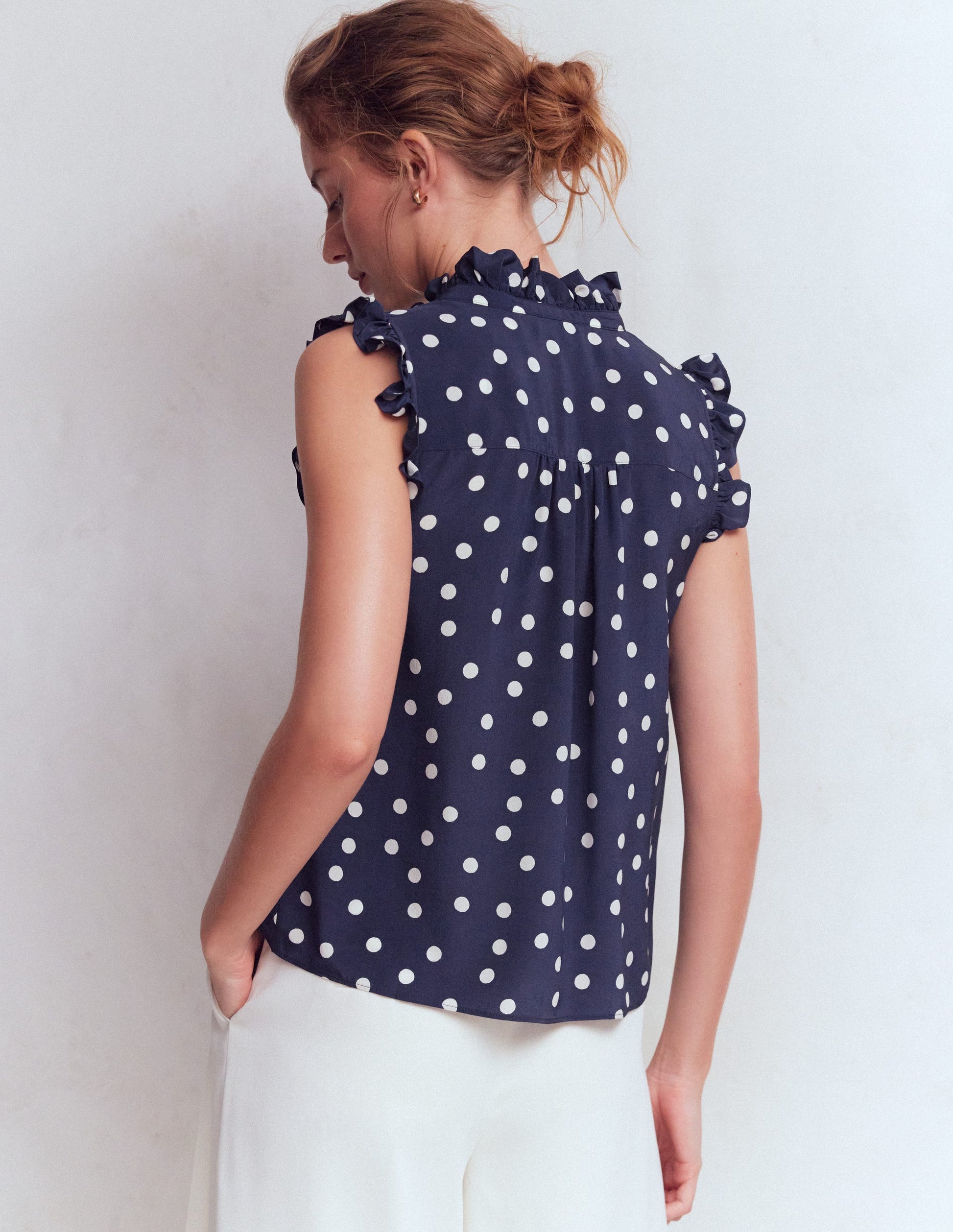 Isabel Sleeveless Silk Top-French Navy, Painted Dot-3
