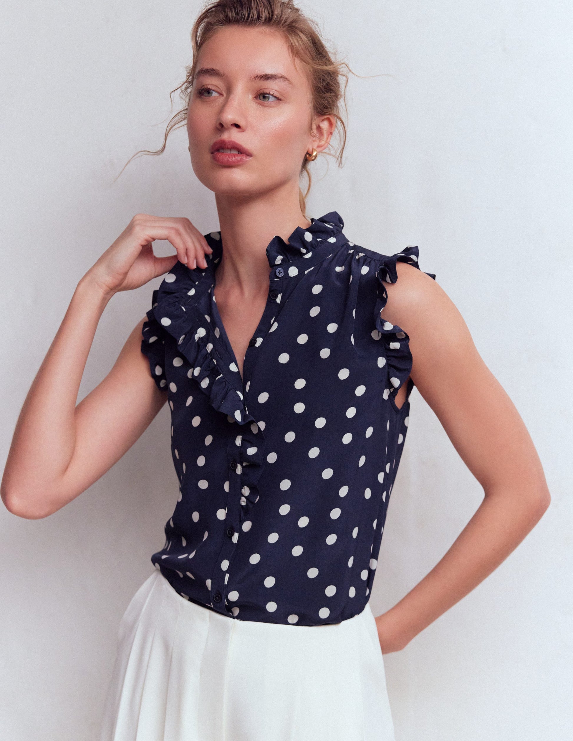 Isabel Sleeveless Silk Top-French Navy, Painted Dot-5