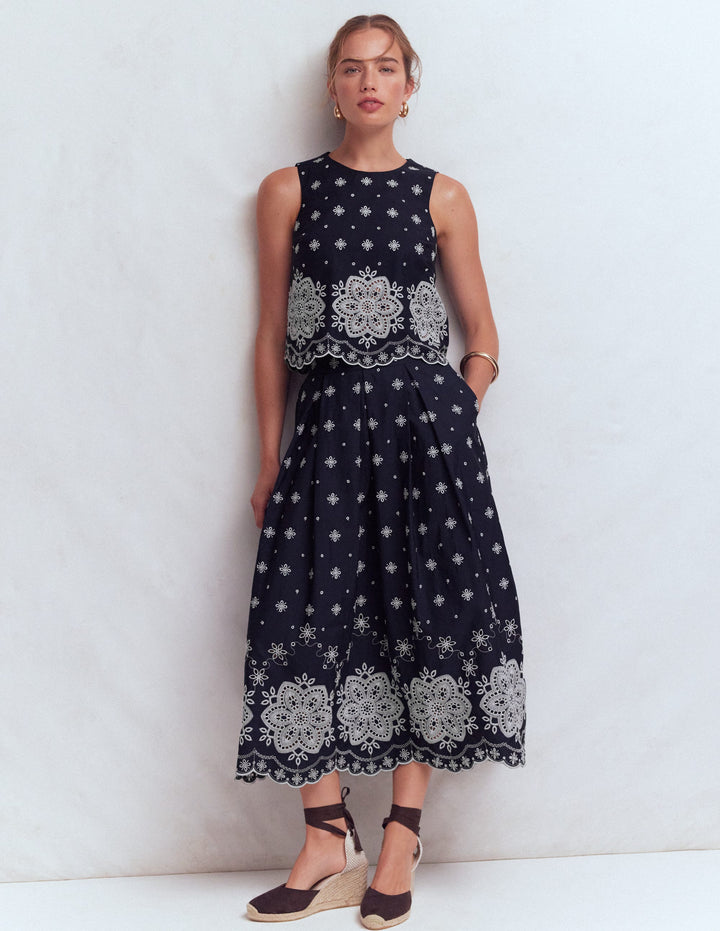Sofia Broderie Shell Top-Navy