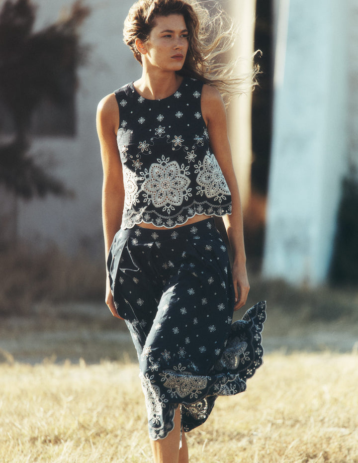 Sofia Broderie Shell Top-Navy