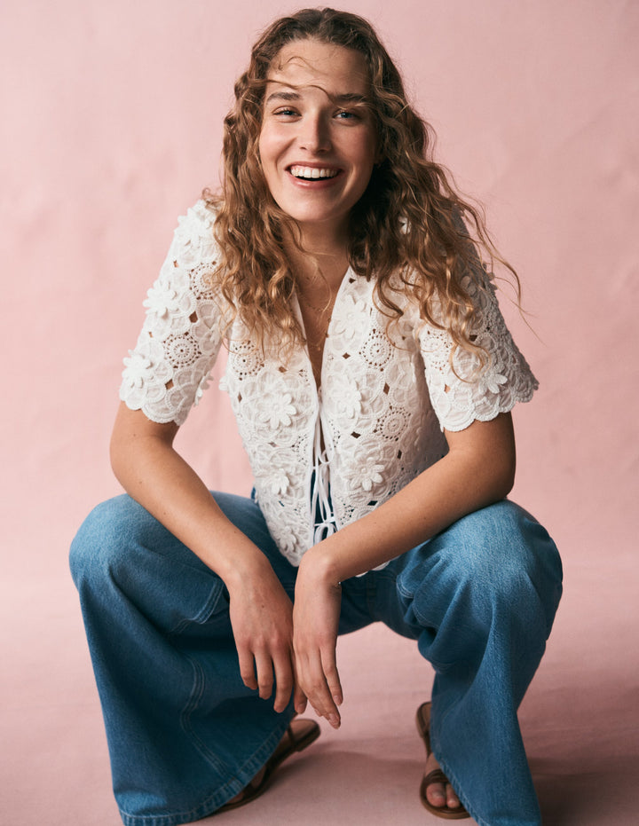 Tie Front Lace Top-White