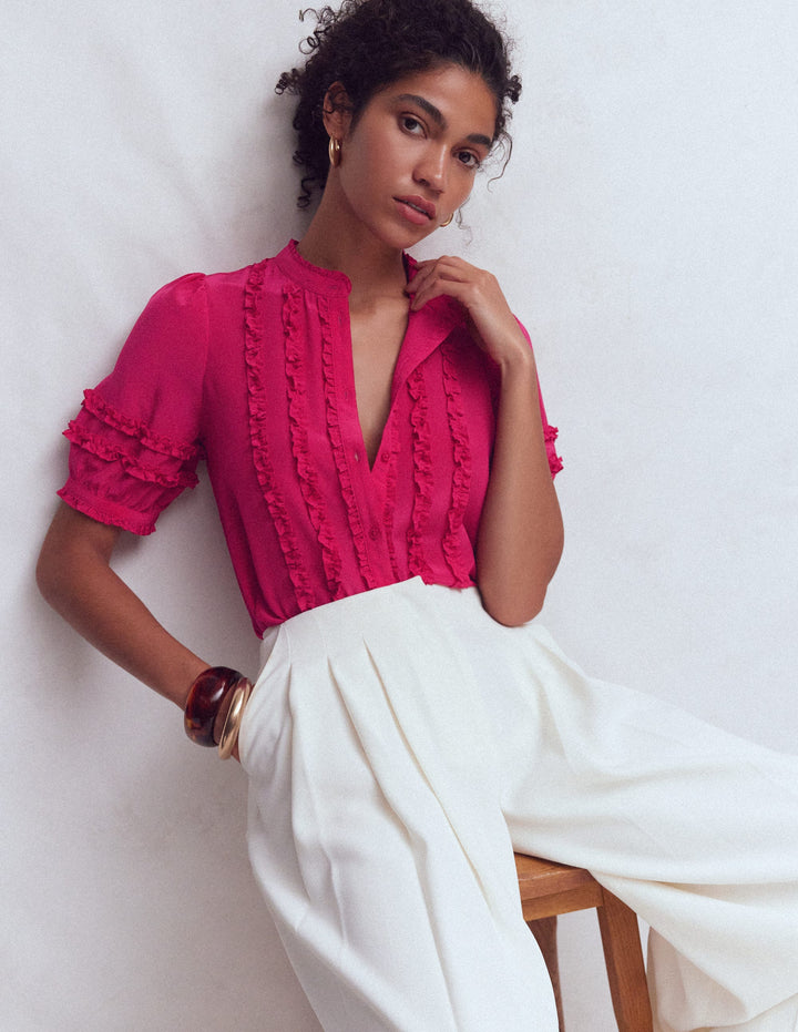 Short Sleeve Silk Ruffle Top-Pink