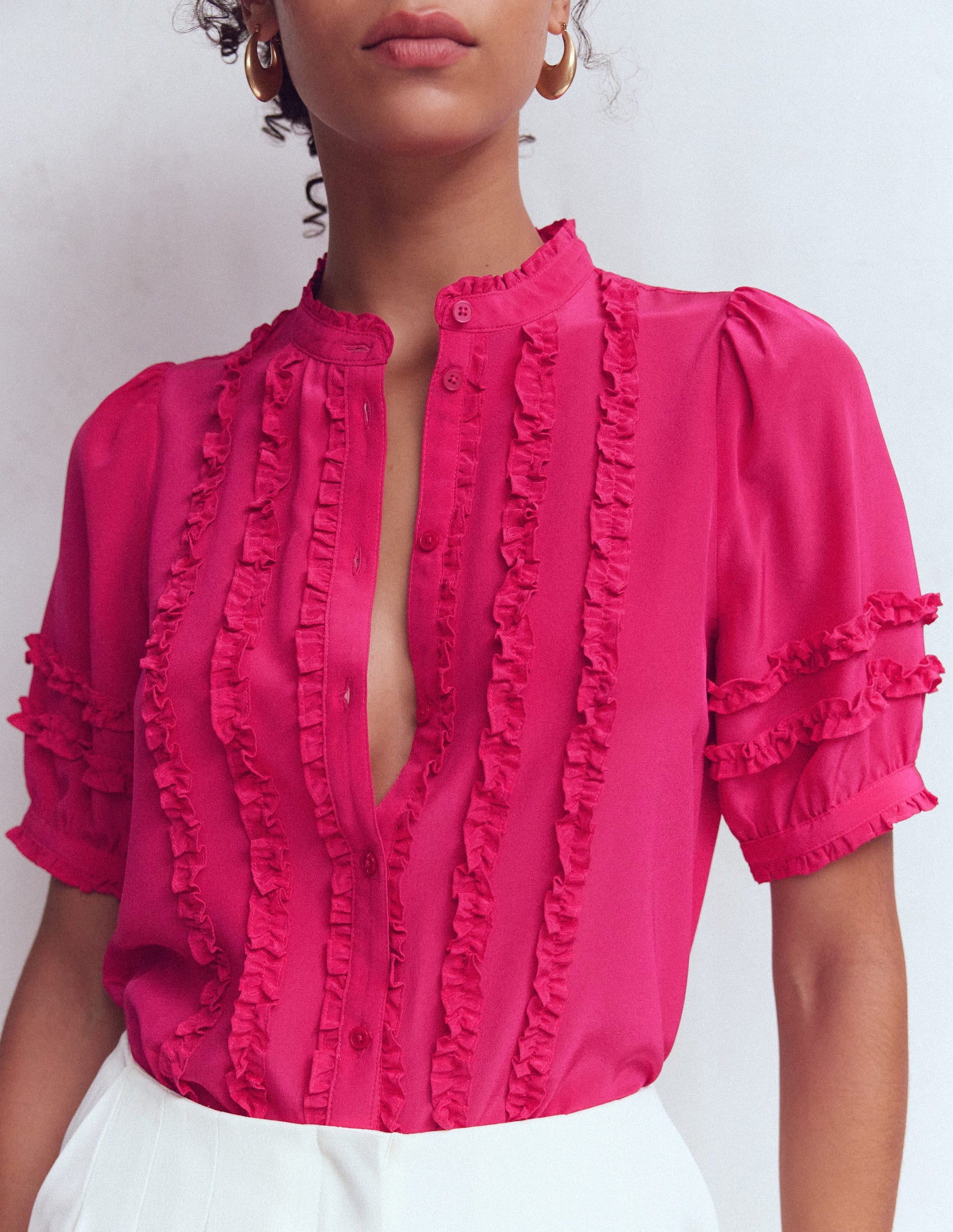 Short Sleeve Silk Ruffle Top-Vibrant Pink-2