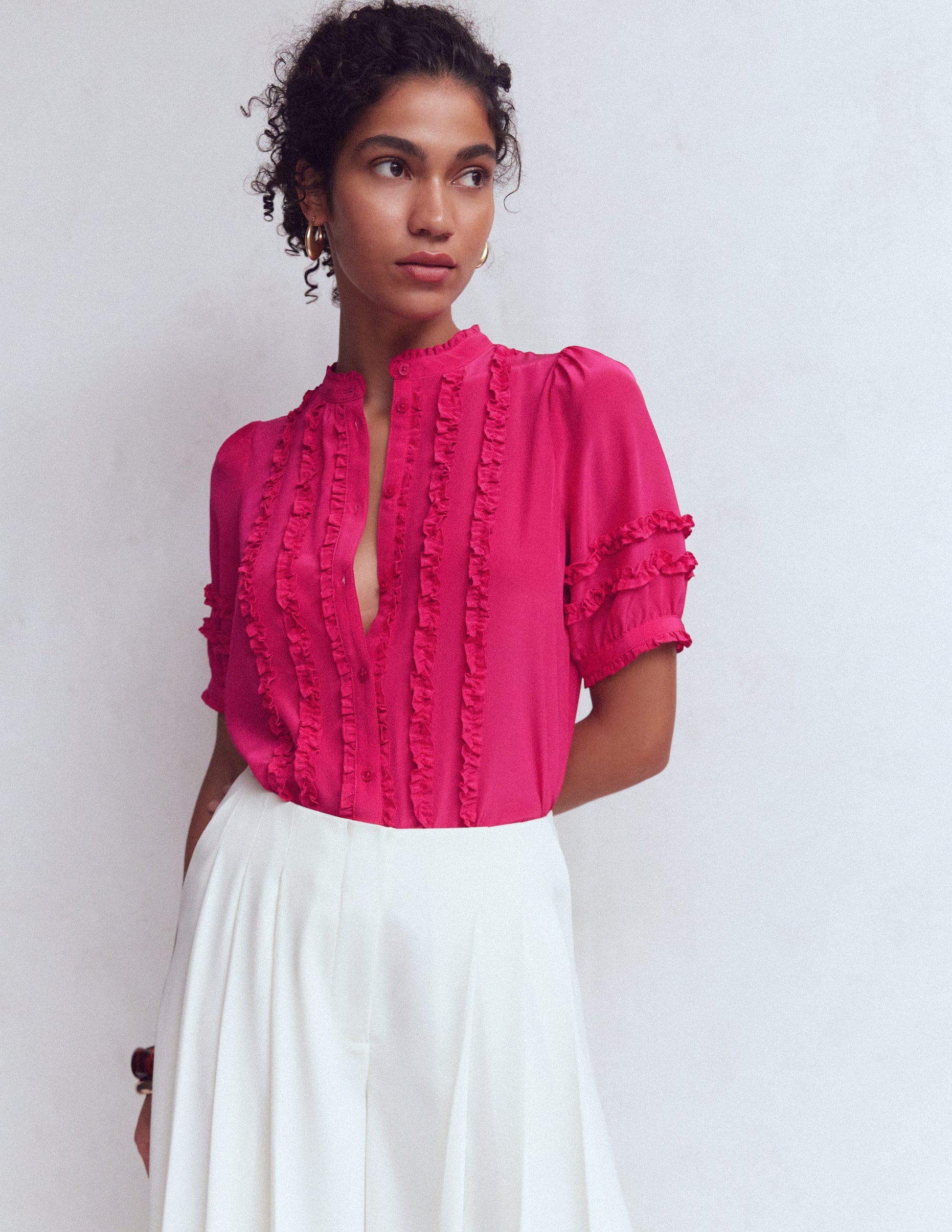 Short Sleeve Silk Ruffle Top-Vibrant Pink-5
