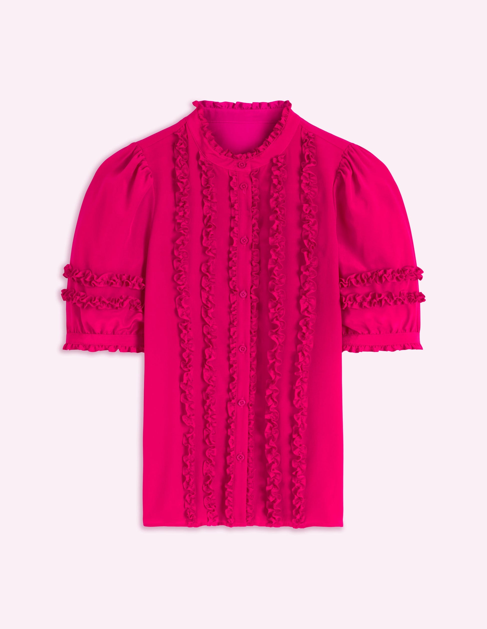 Short Sleeve Silk Ruffle Top-Vibrant Pink-7
