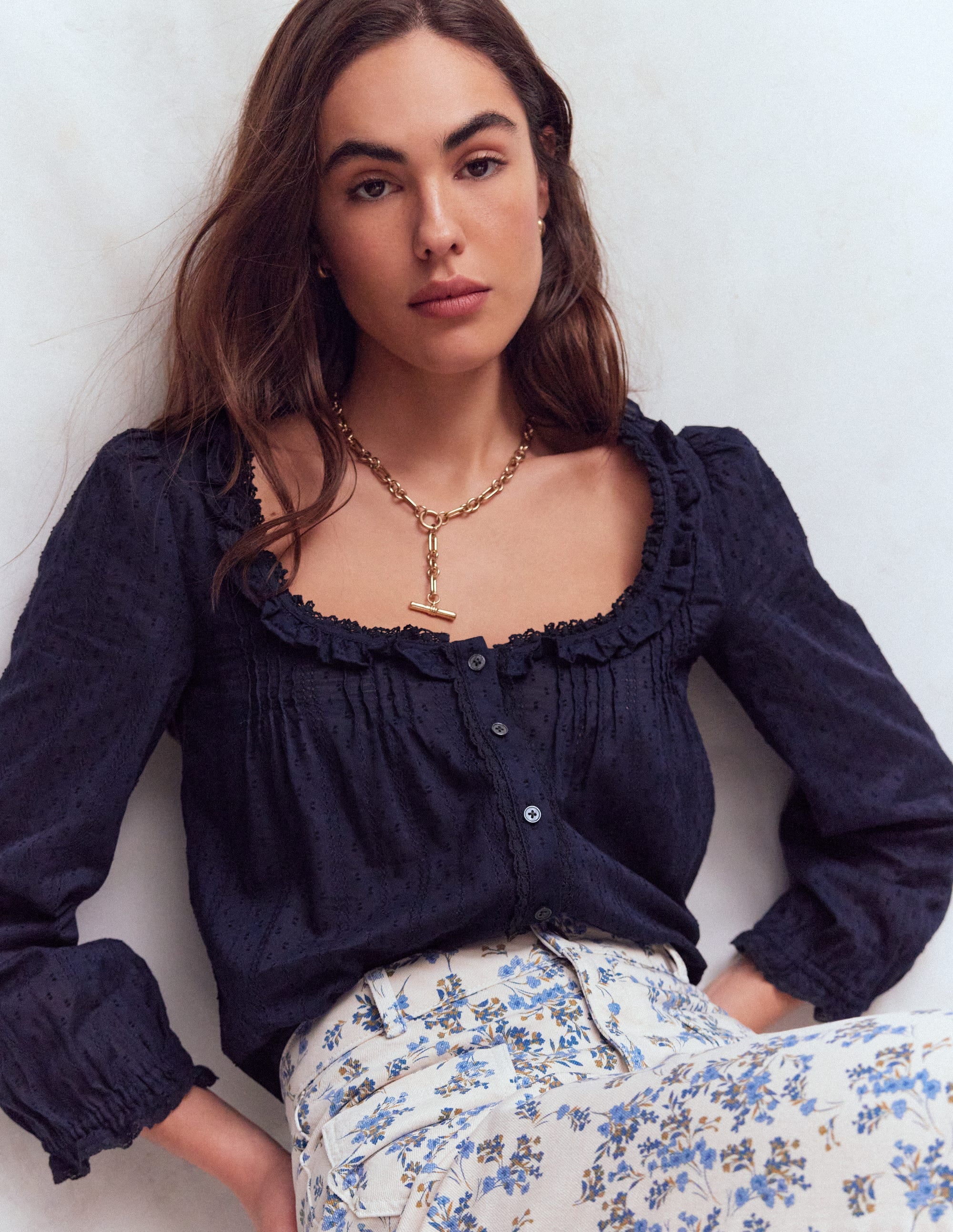 Scoop Neck Ruffle Top-Navy - Image 1