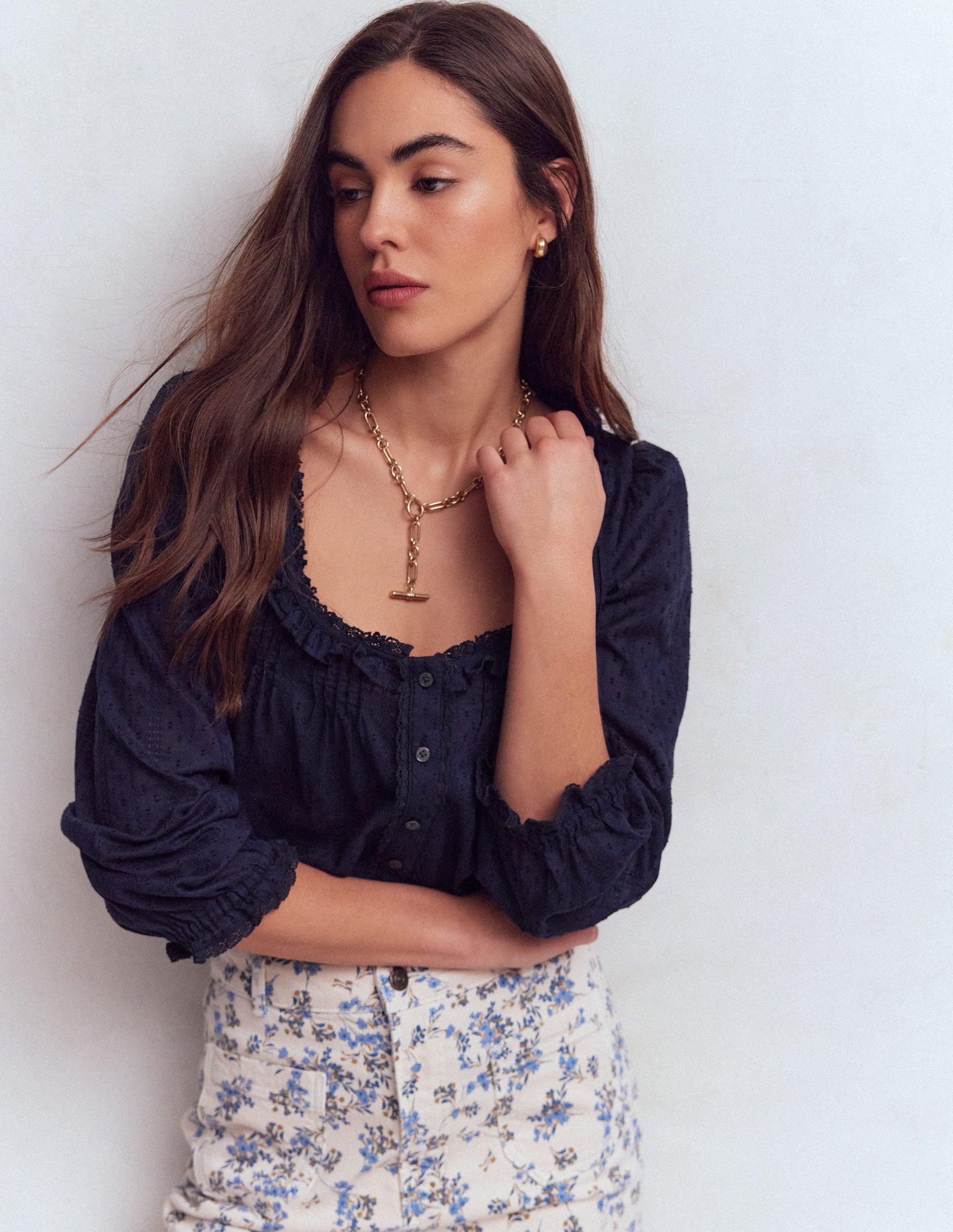 Scoop Neck Ruffle Top-Navy-4