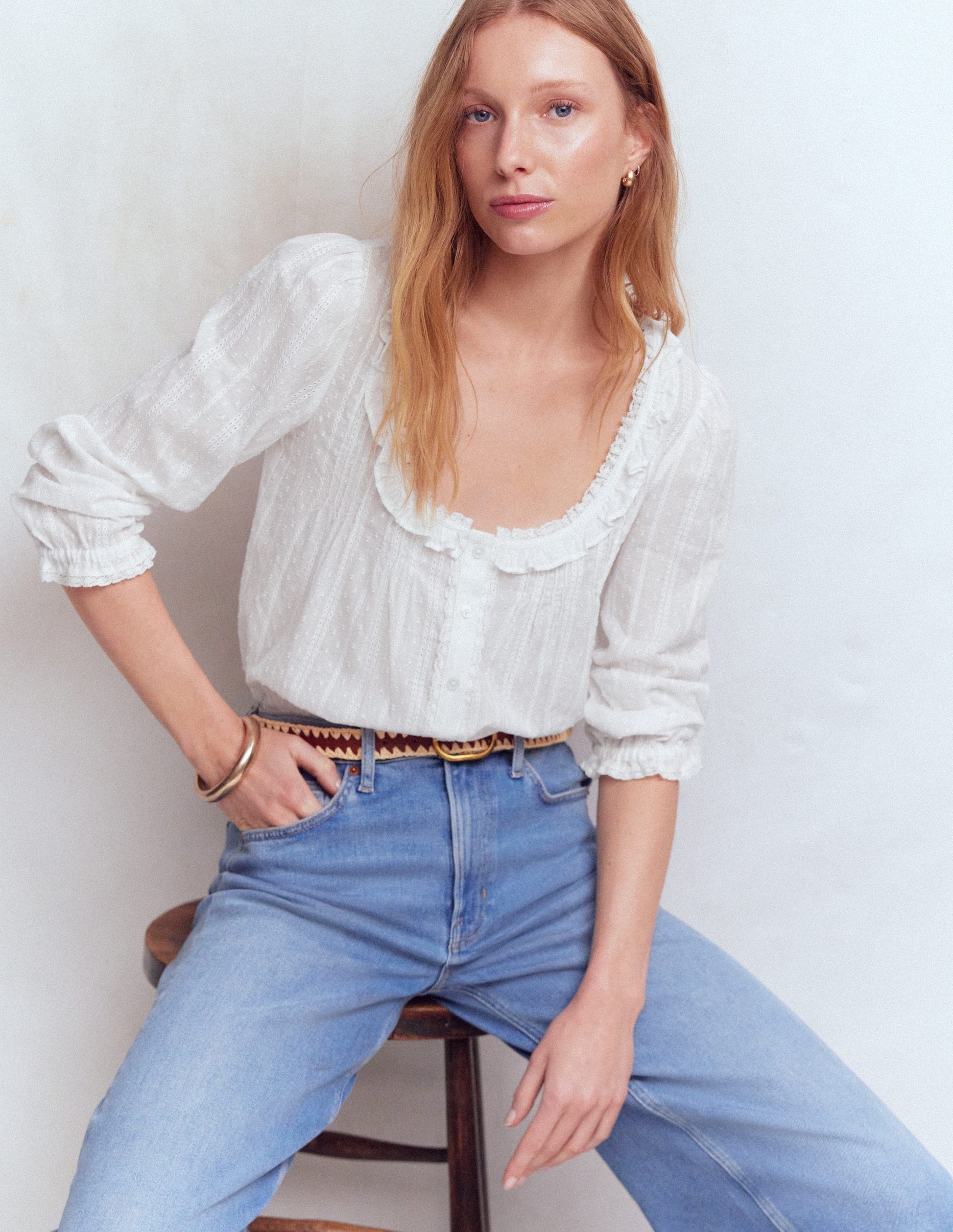 Scoop Neck Ruffle Top-White-1