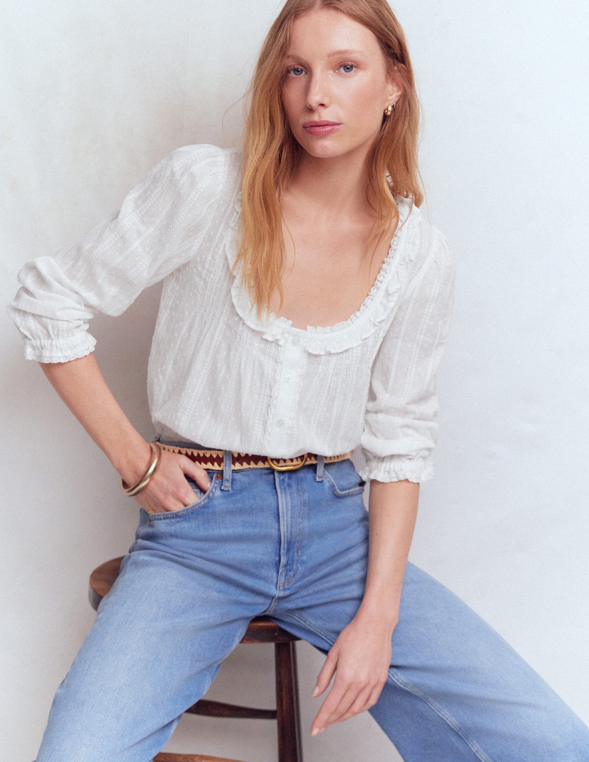 Scoop Neck Ruffle Top-White-1