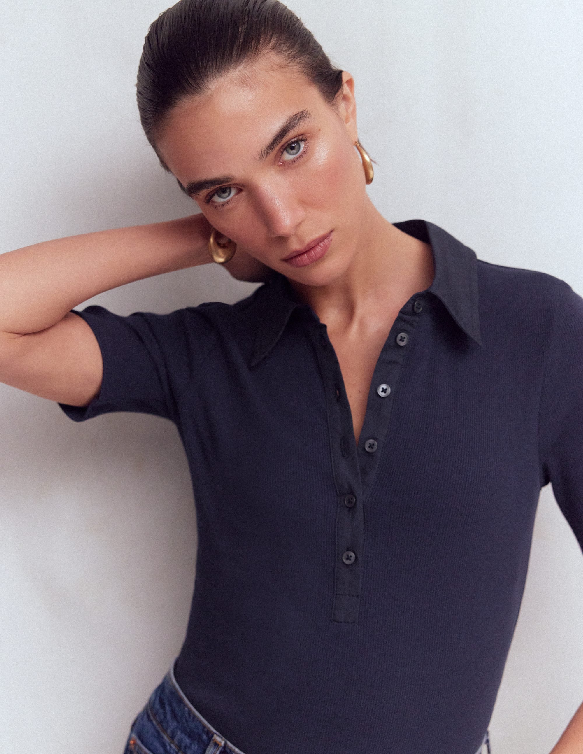 Collared Ribbed Henley Top-Navy - Image 1