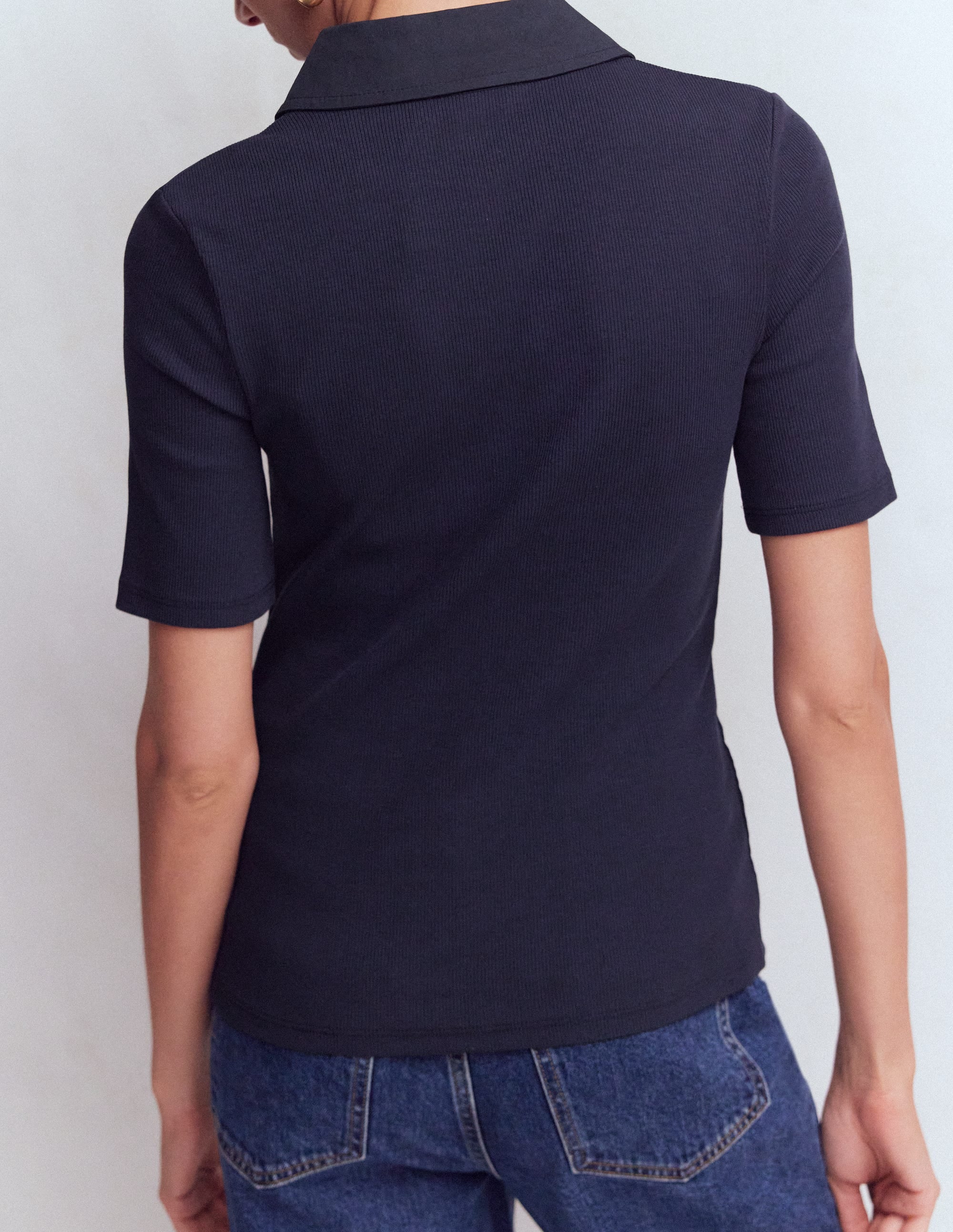 Collared Ribbed Henley Top-Navy - Image 3