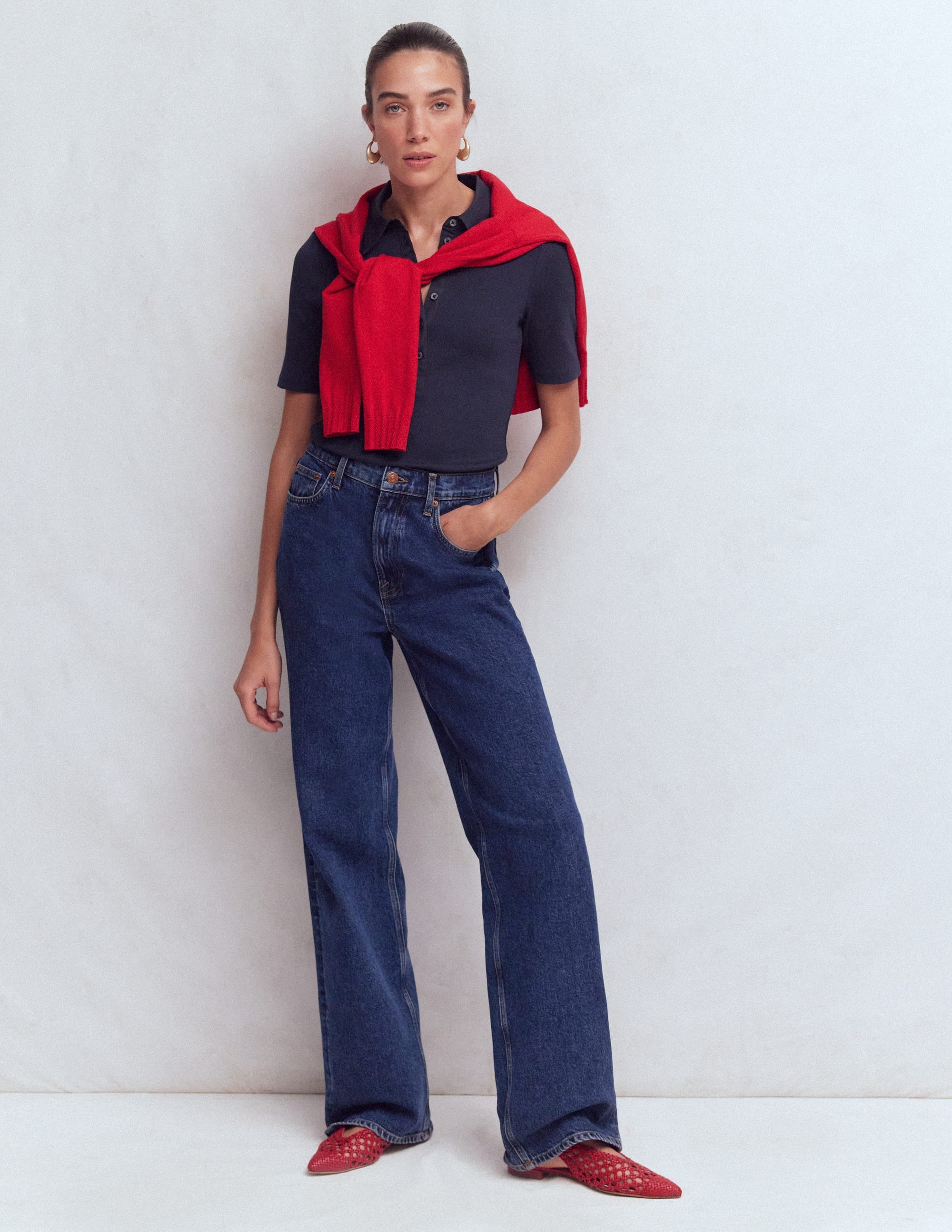 Collared Ribbed Henley Top-Navy - Image 4