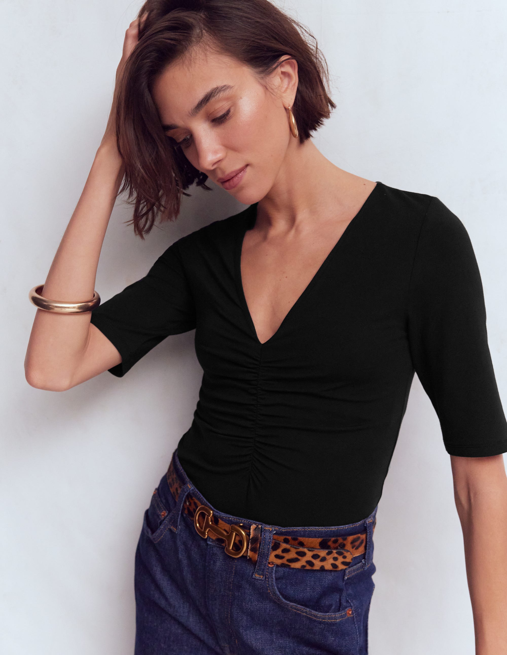 Tia Ruched V-neck Top-Black - Image 3