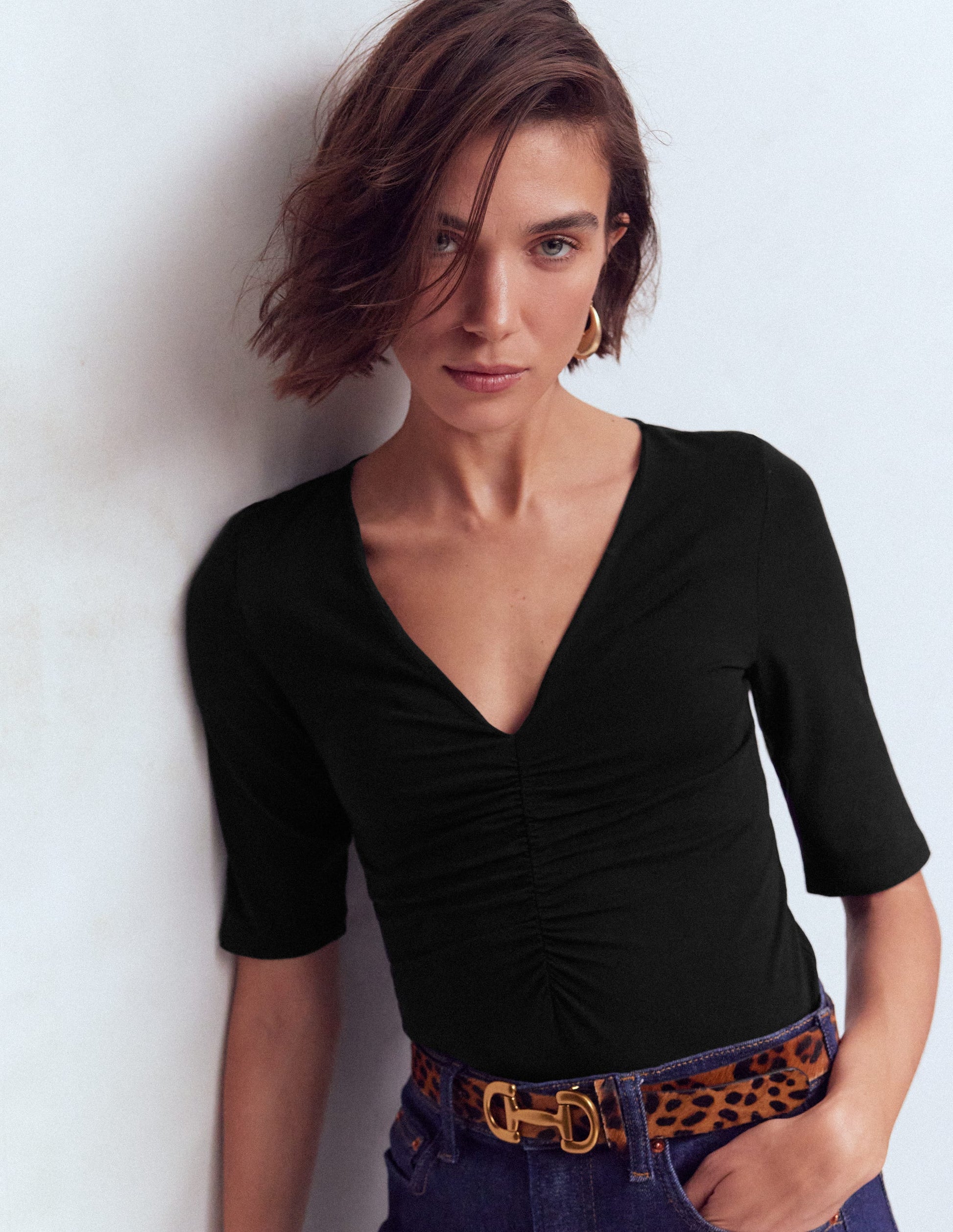 Tia Ruched V-neck Top-Black-4