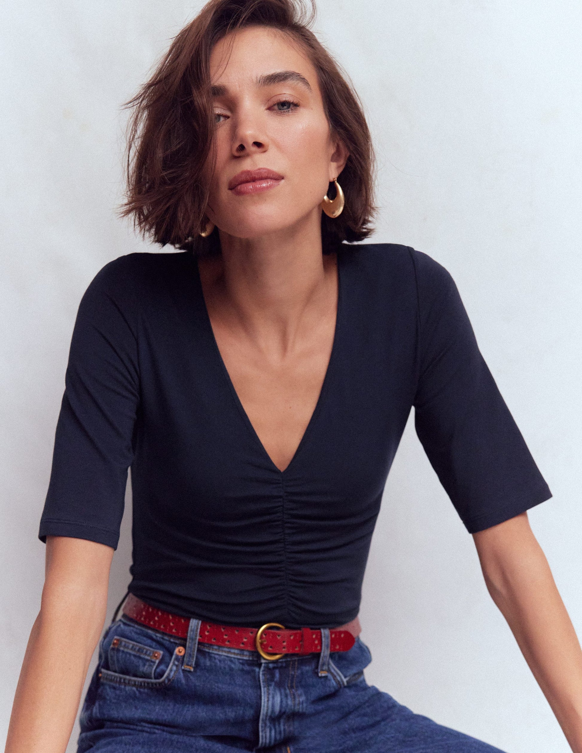 Tia Ruched V-Neck Top-Navy-1