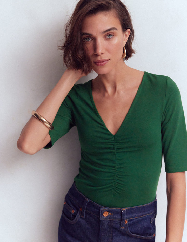 Tia Ruched V-Neck Top-Hunter Green