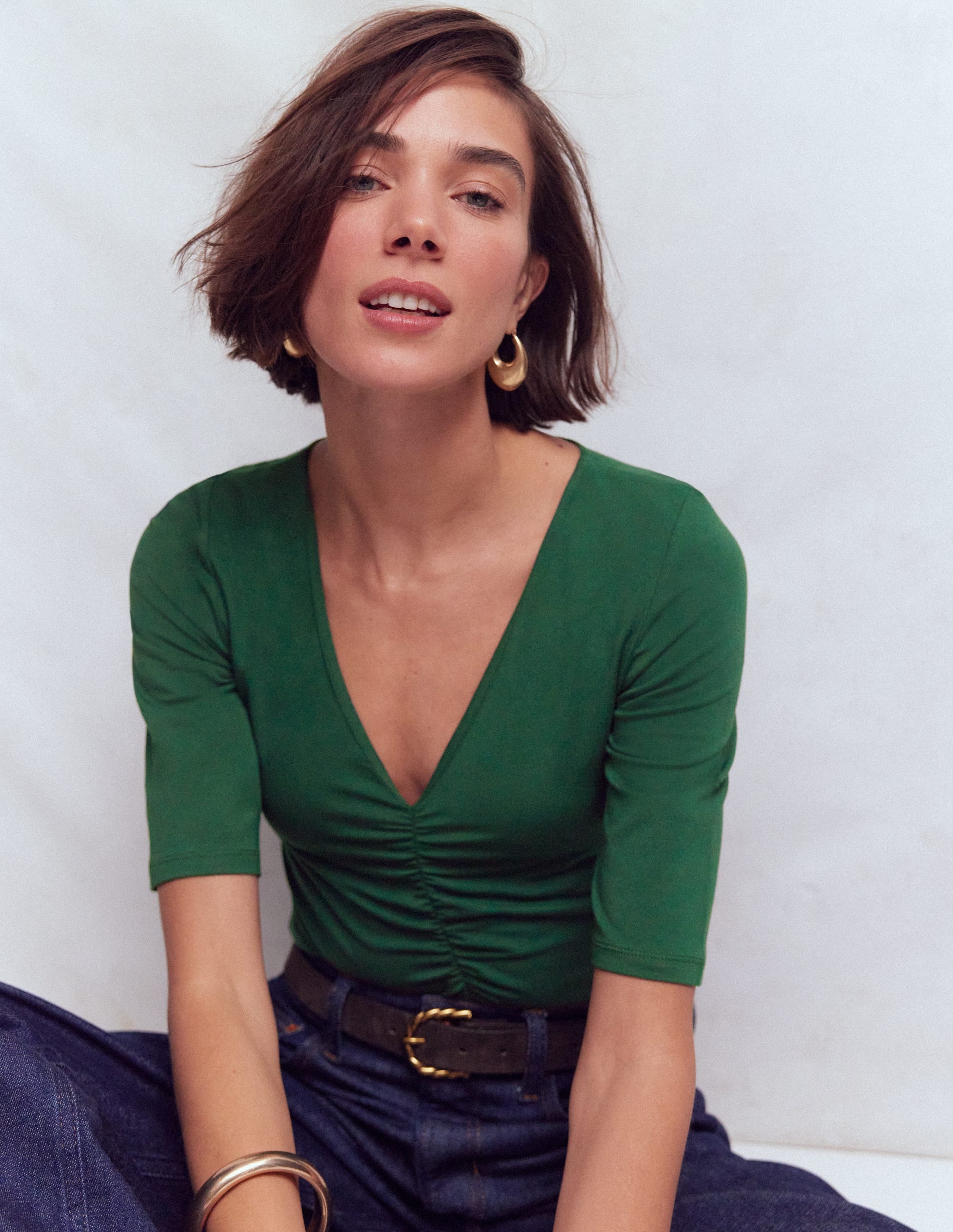 Tia Ruched V-neck Top-Hunter Green - Image 6