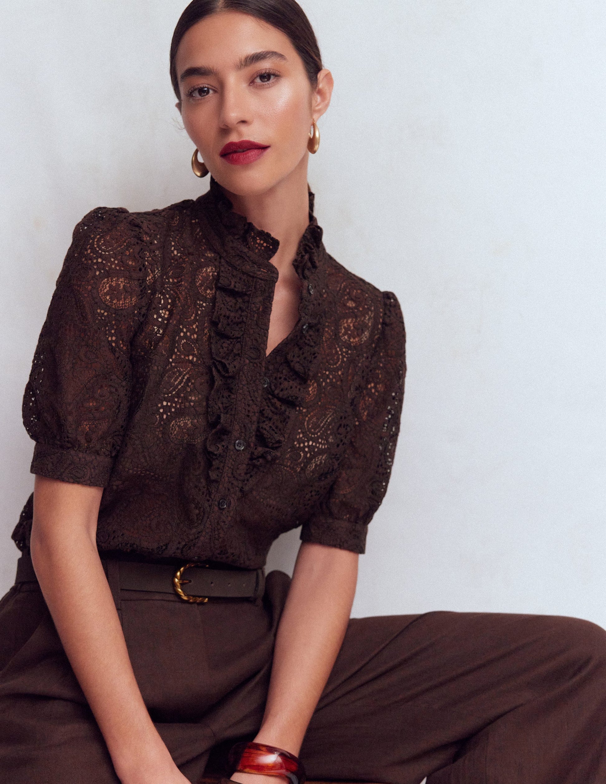 Sasha Short Sleeve Lace Top-Bitter Chocolate-1