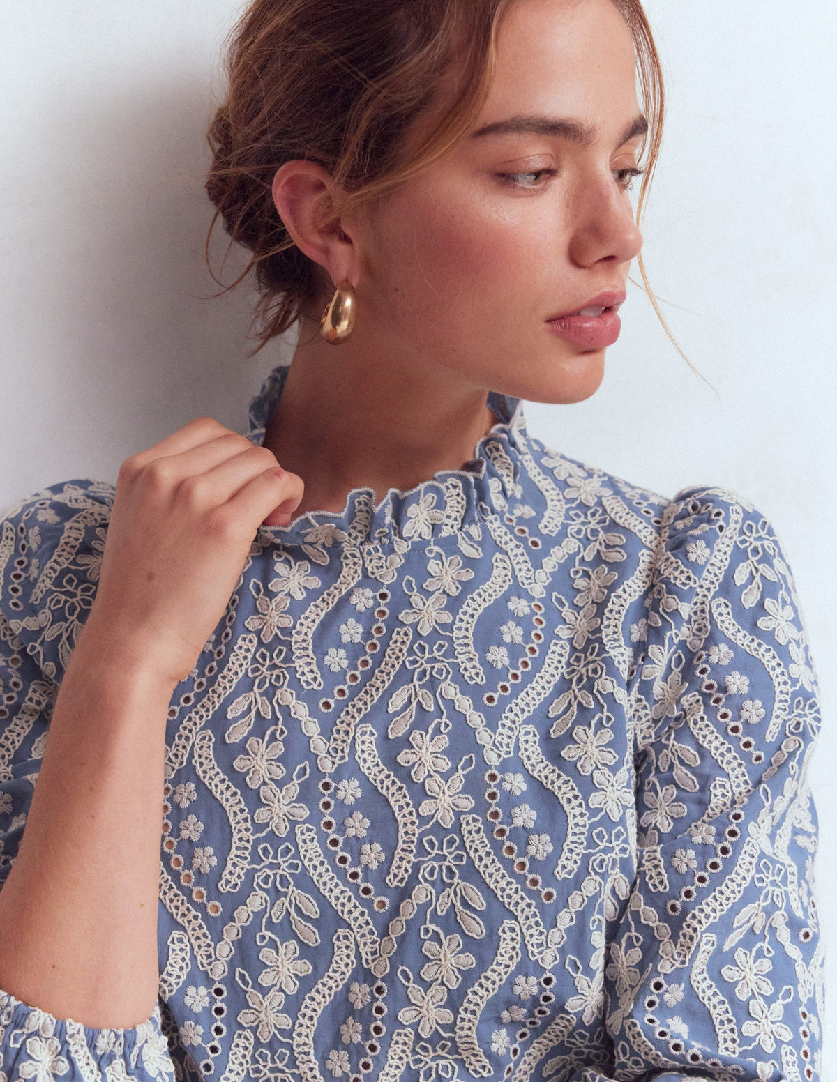 Puff Sleeve Interest Top-Blue and Ivory Broderie - Image 2