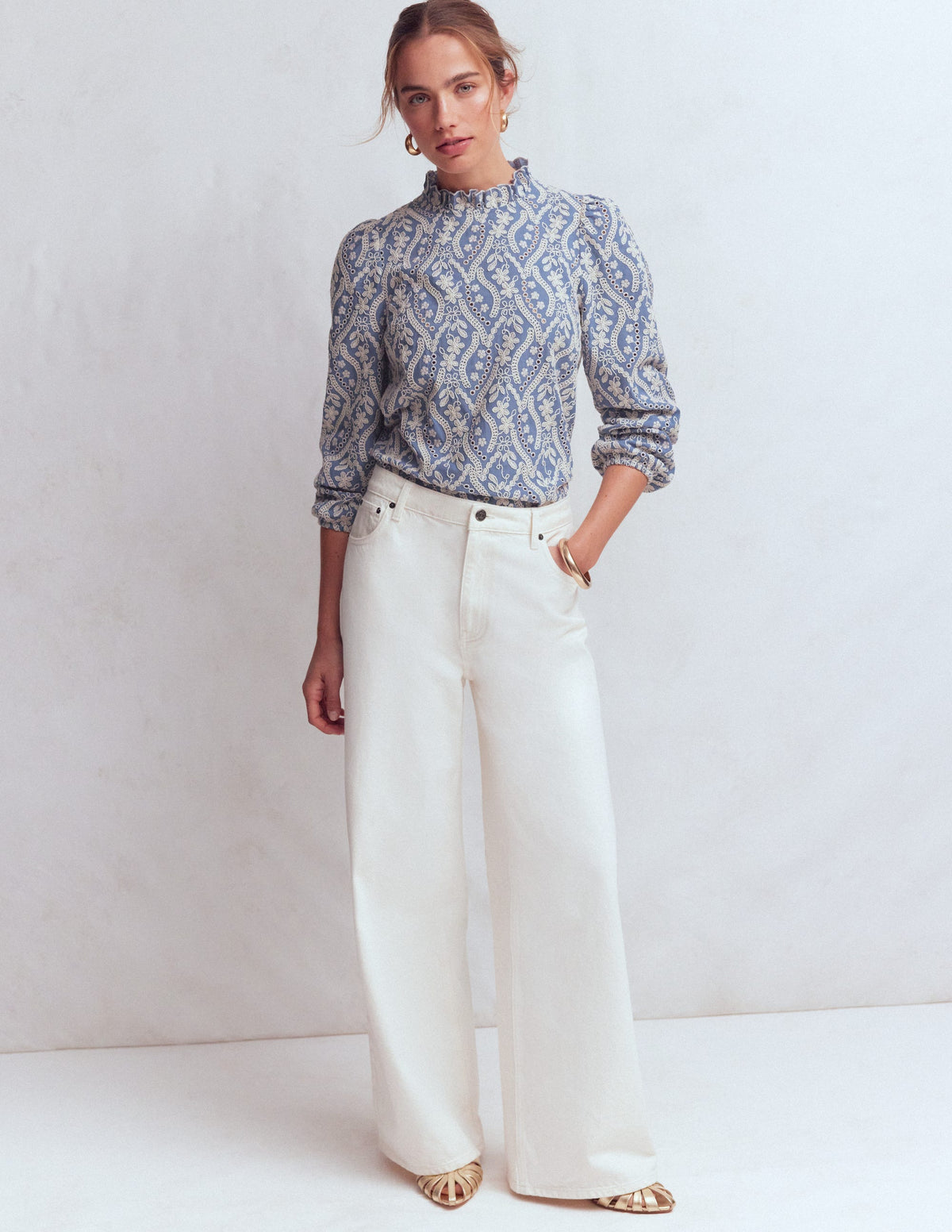 Puff Sleeve Interest Top-Blue and Ivory Broderie - Image 4