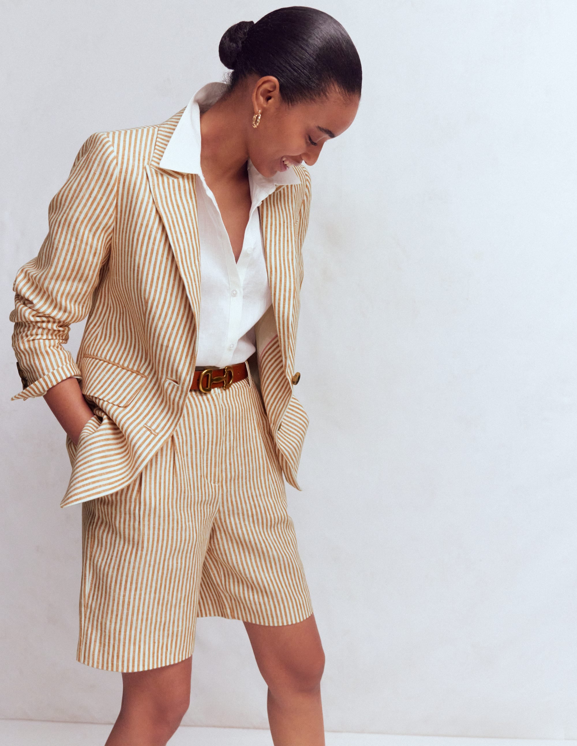 Stamford Linen Blazer-Brown, Ivory Ticking Stripe - Image 2